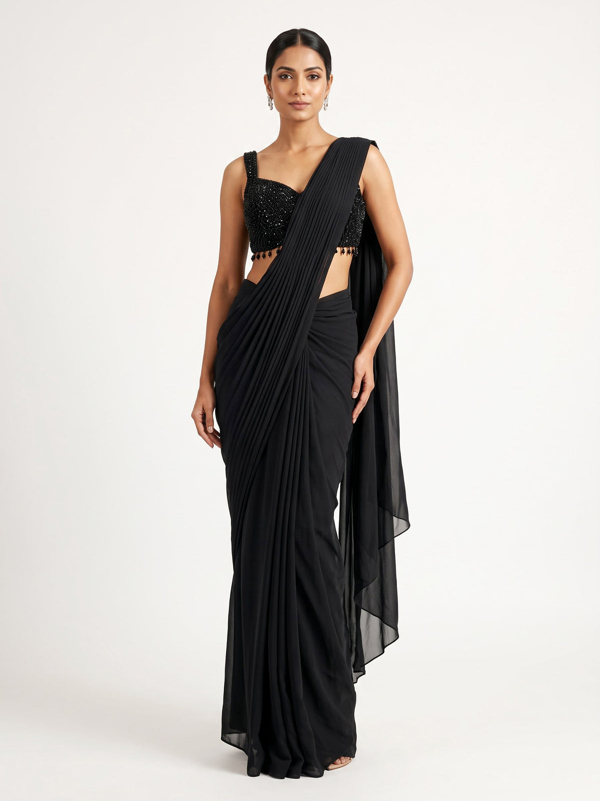 Black georgette ready-to-wear saree with pearl tassel blouse