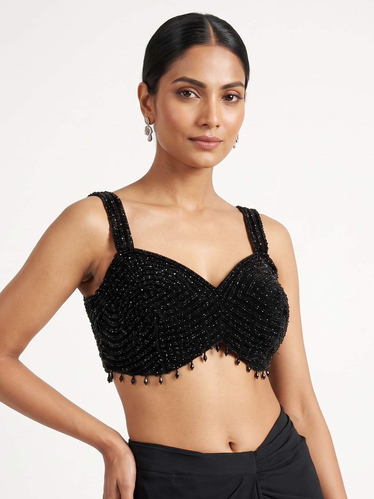 Black georgette ready-to-wear saree with pearl tassel blouse