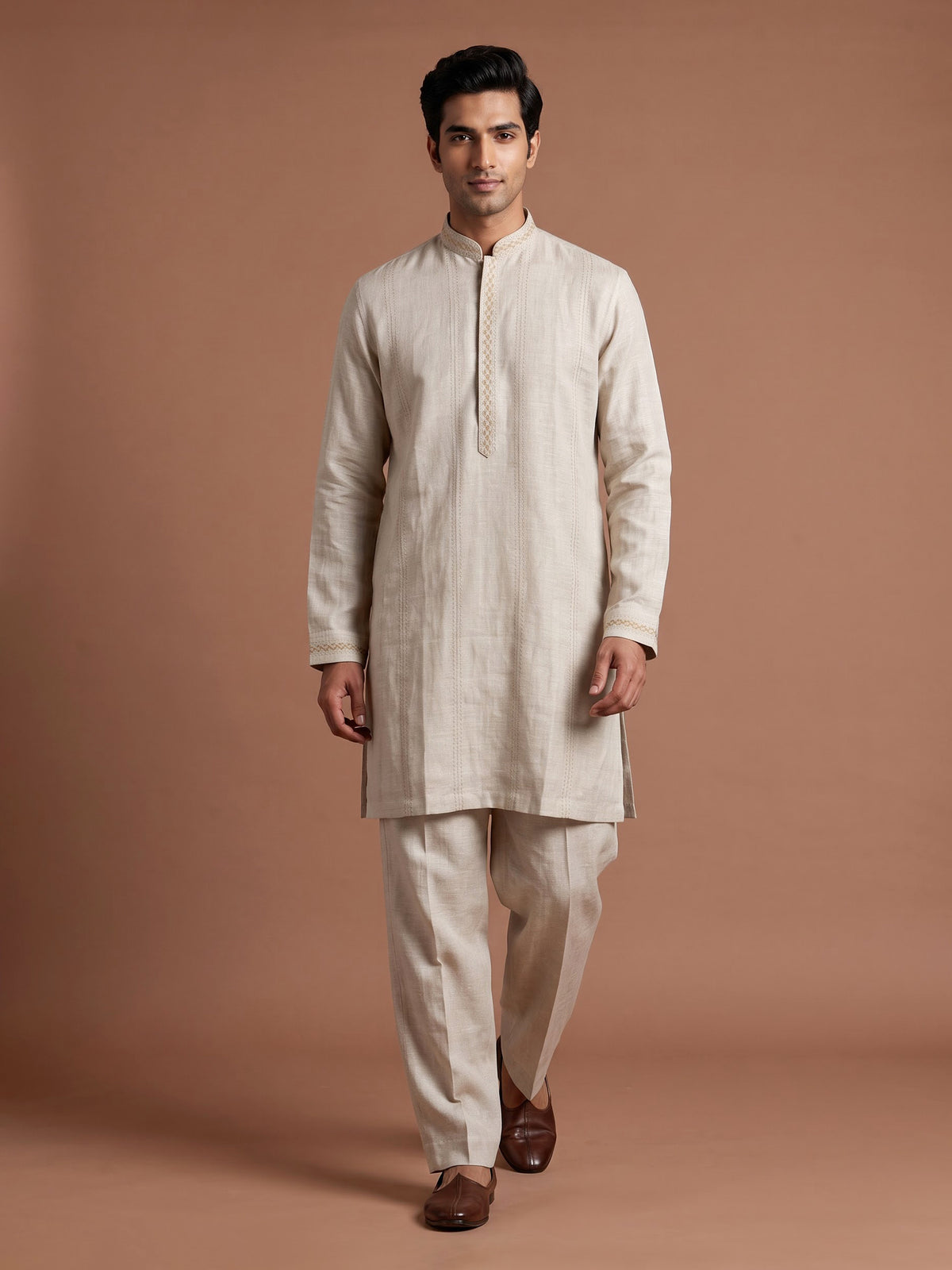 Light beige Chanderi silk kurta suit with tonal embroidery for mens