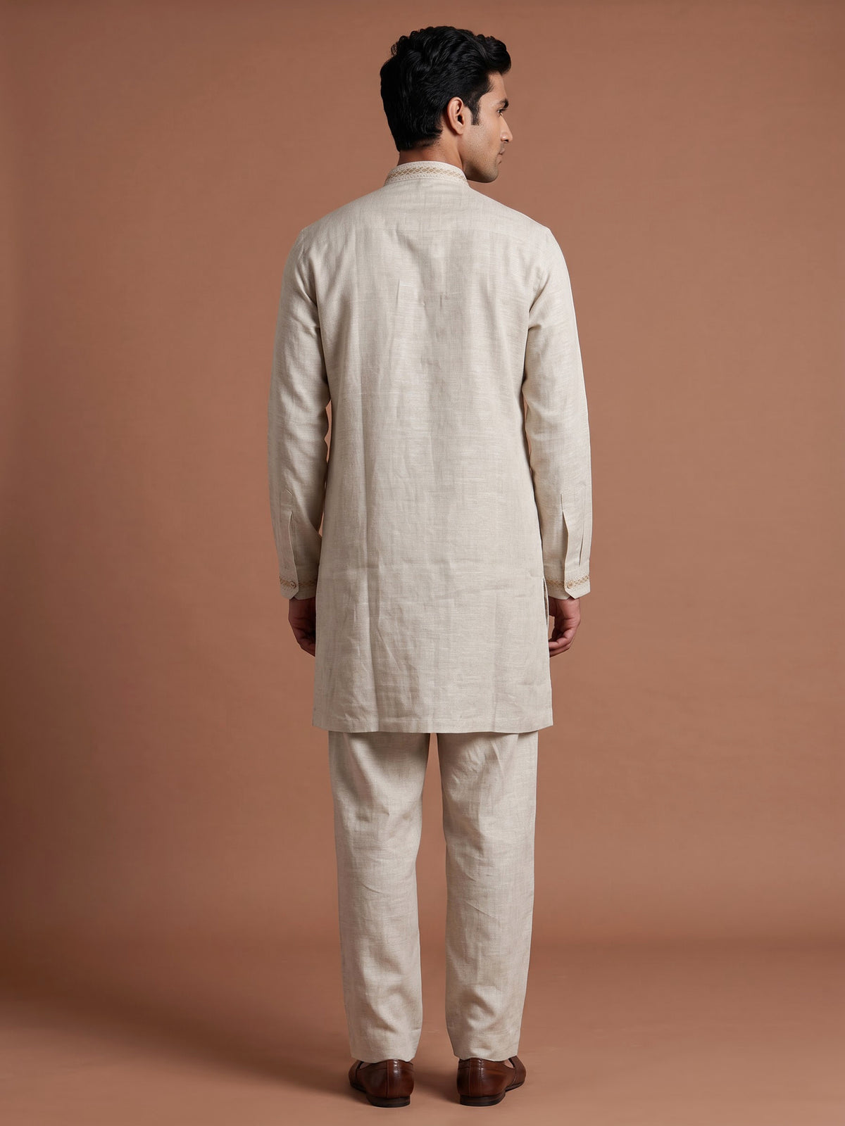 Light beige Chanderi silk kurta suit with tonal embroidery for mens