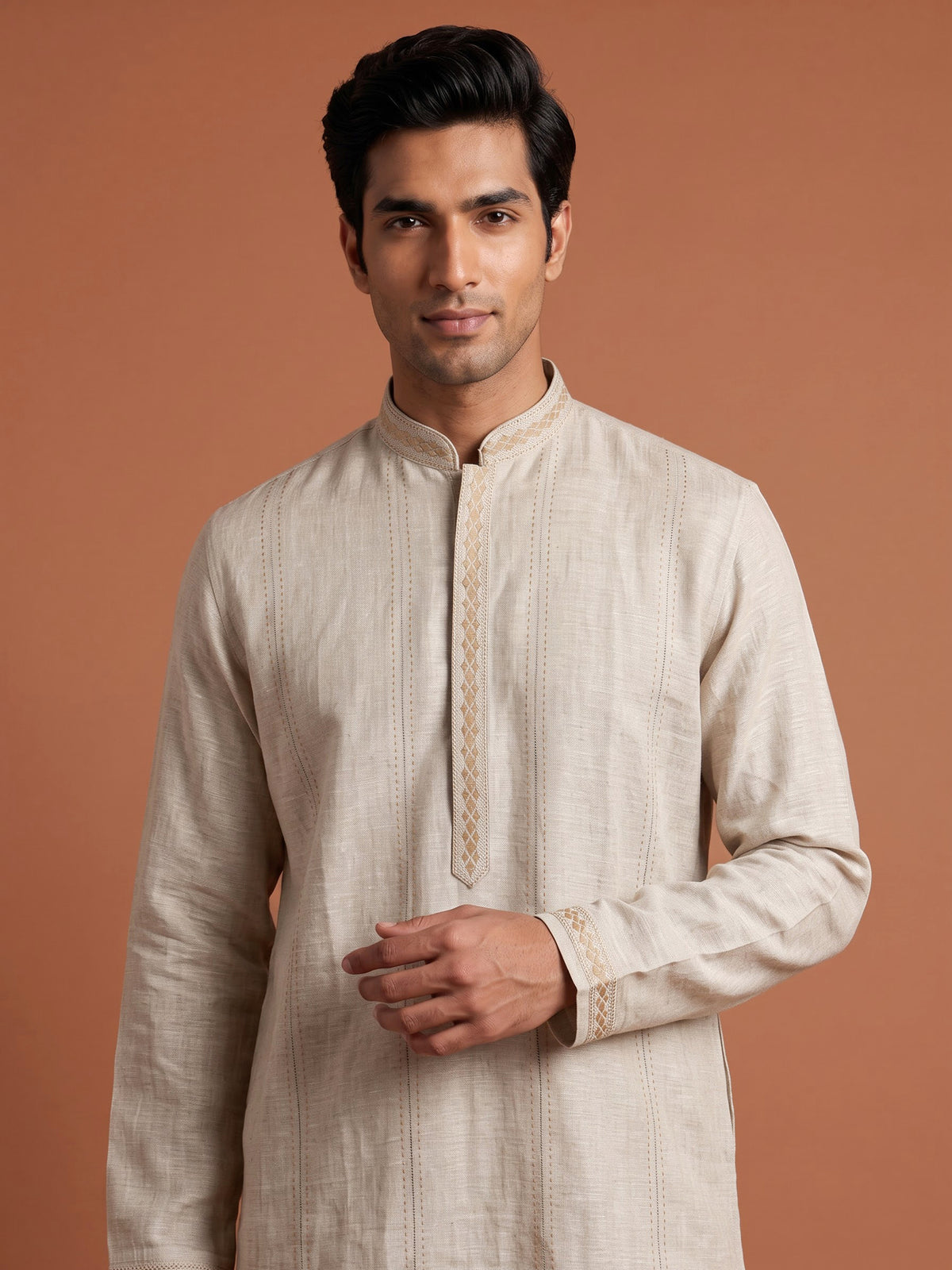 Light beige Chanderi silk kurta suit with tonal embroidery for mens