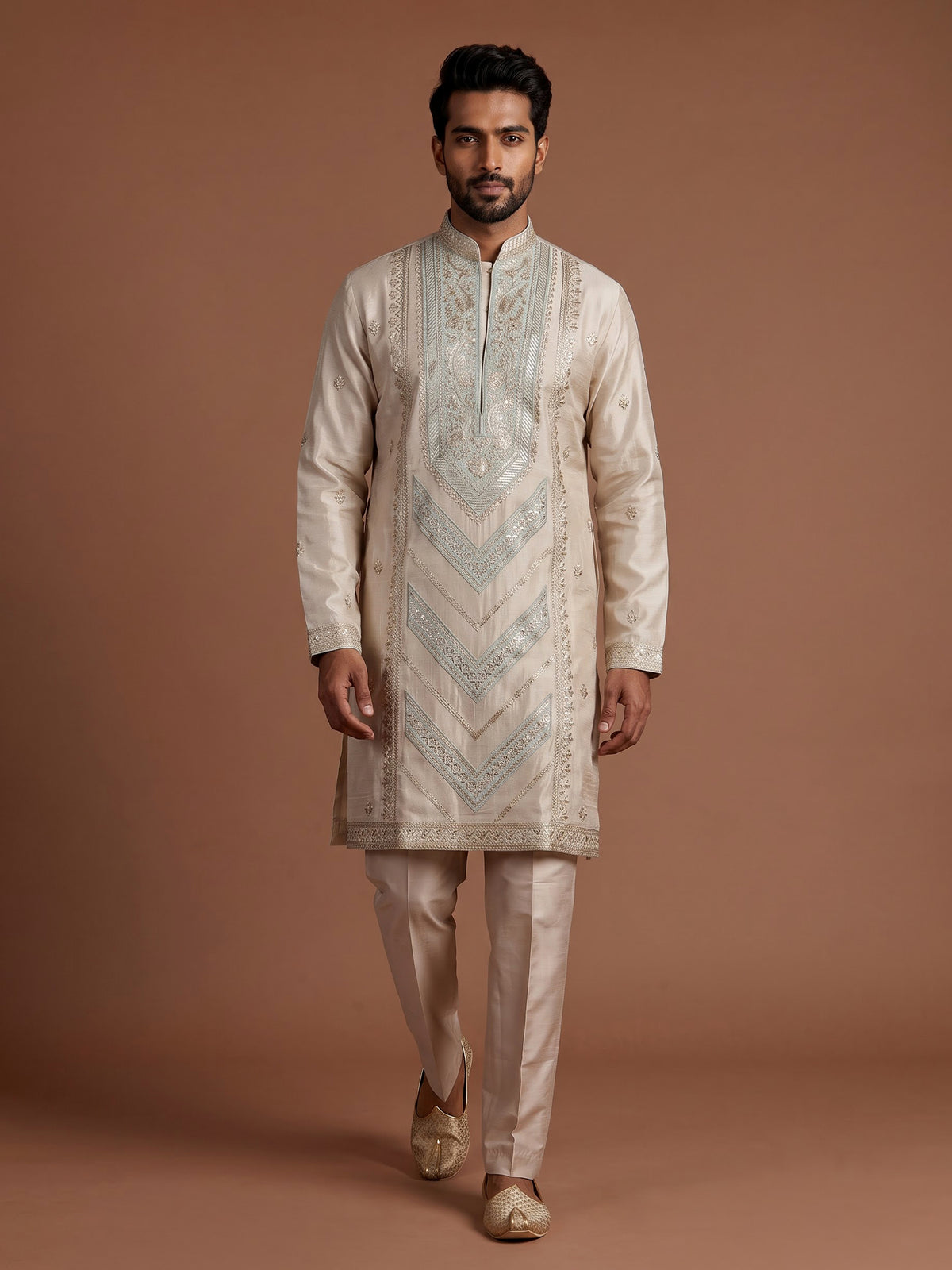 Beige silk kurta suit with chevron embroidery detailing for mens