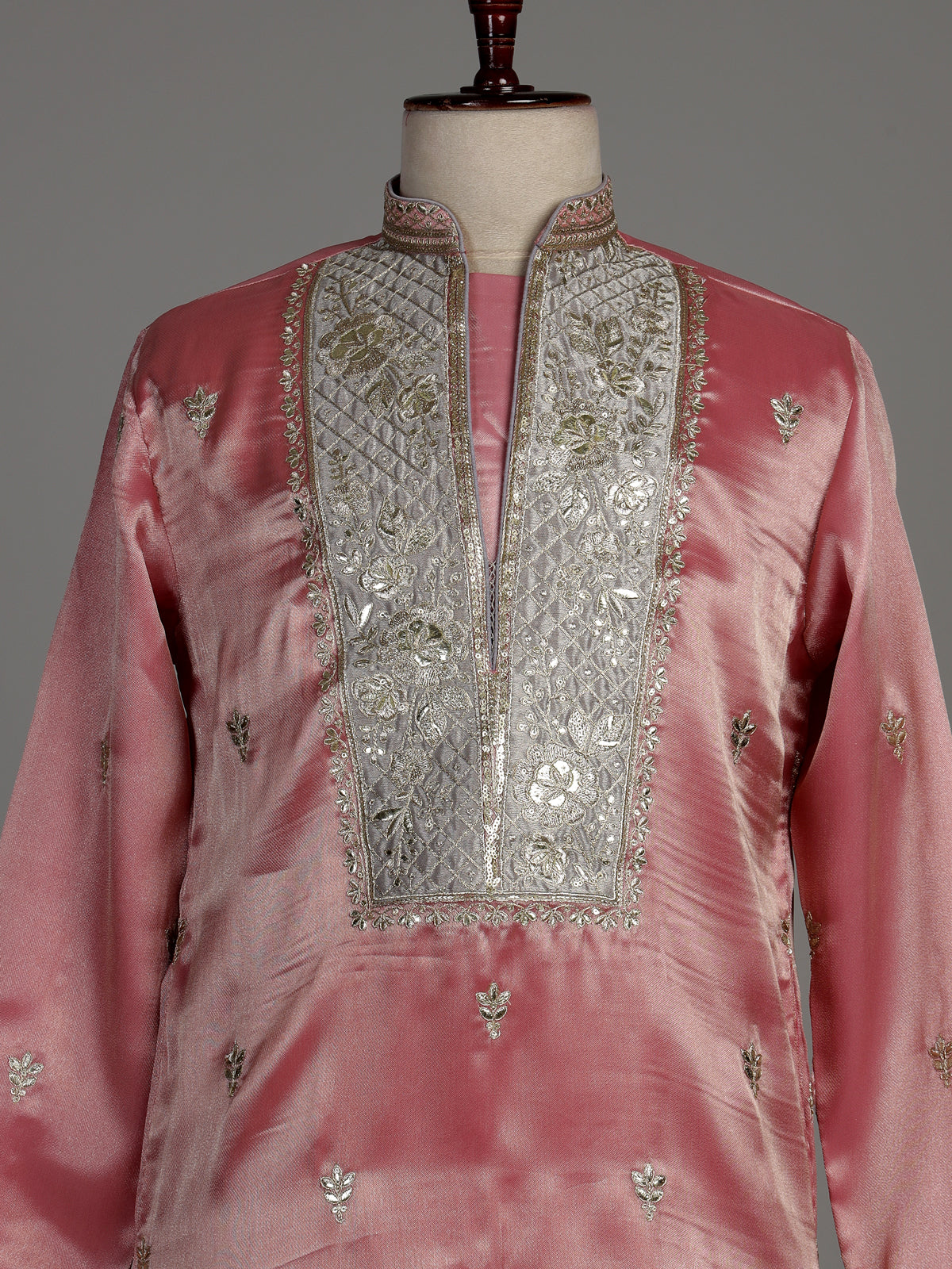 Pastel pink Dupion silk kurta suit with heavy zardozi embellishments for mens