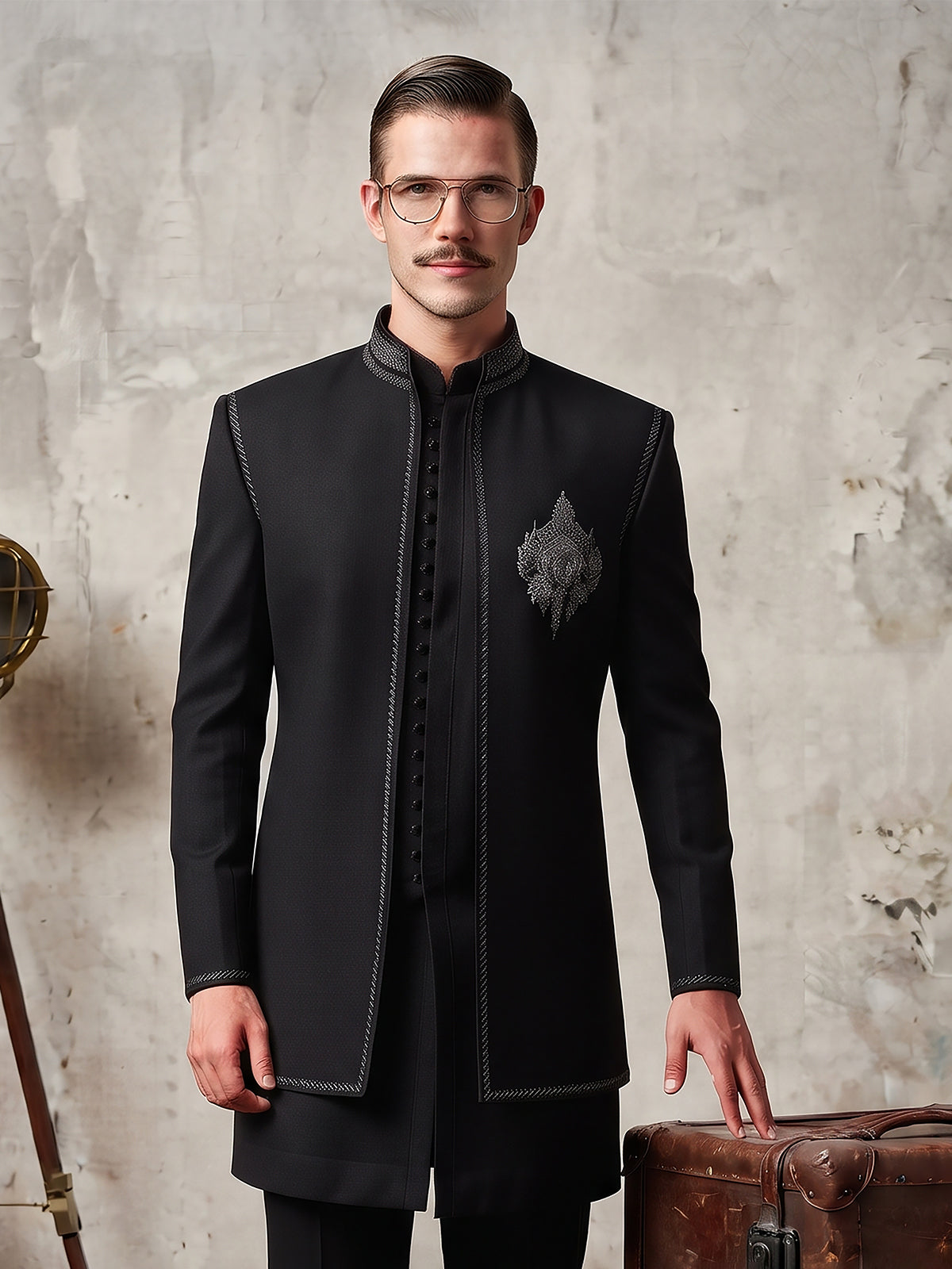 Black regal embellished men indo western