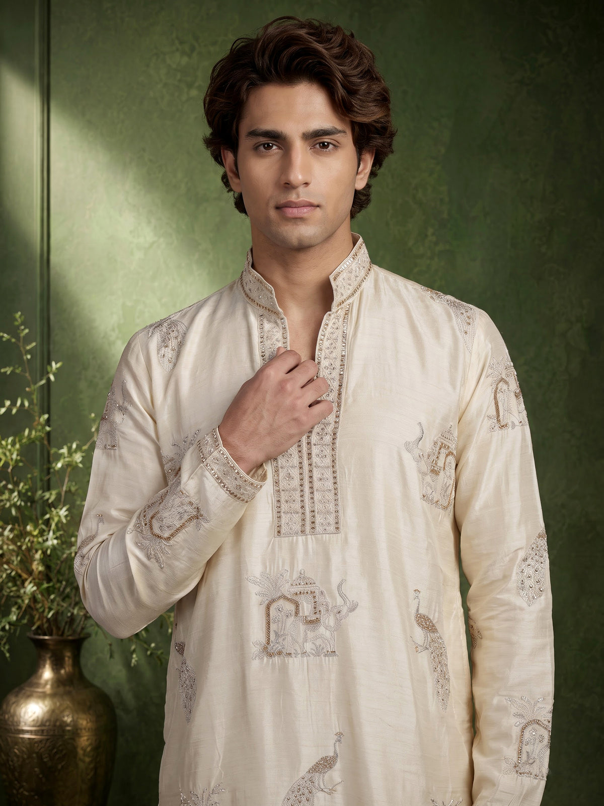 Cream raw silk kurta suit with royal peacock and elephant embroidery for mens