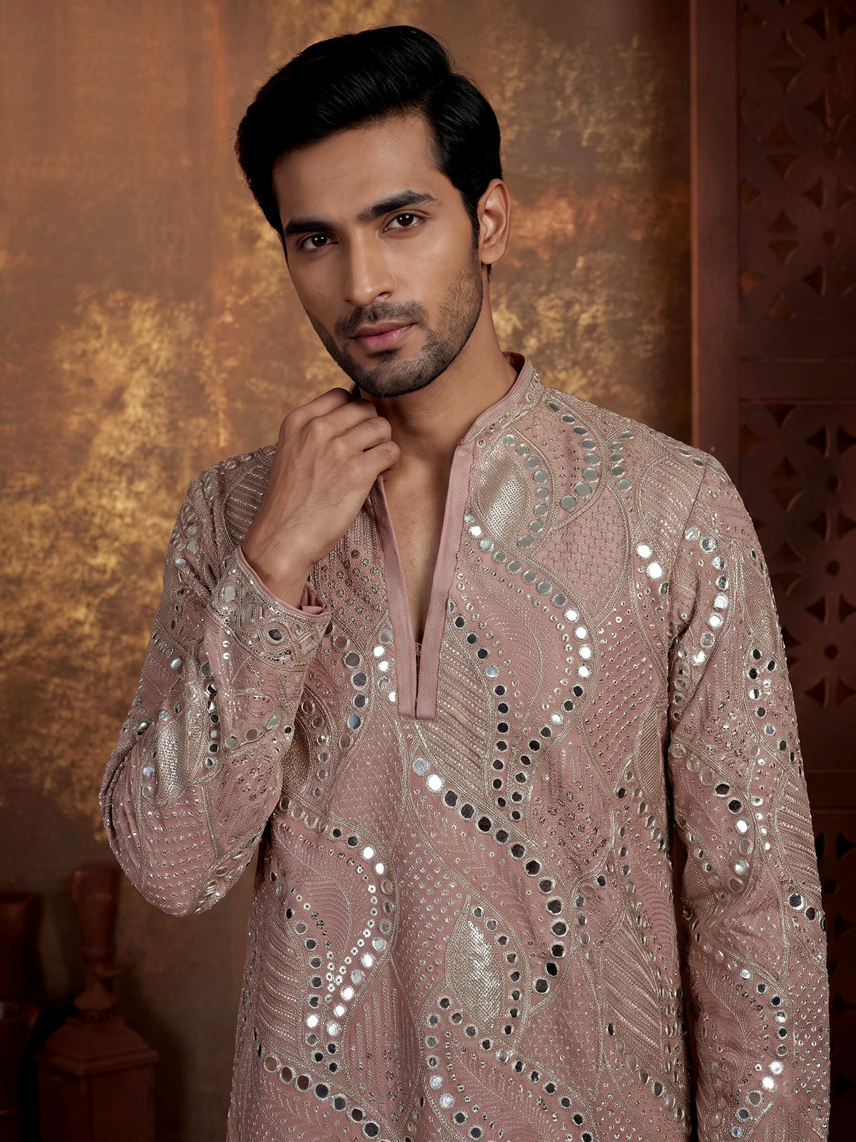 Pastel pink silk kurta suit with traditional mirror-work embroidery for mens