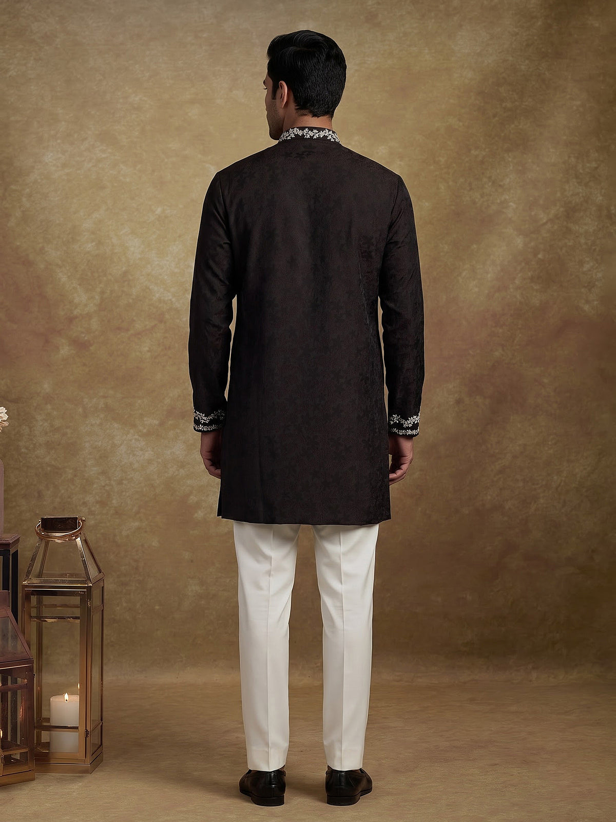 Dark brown dupion silk blend kurta suit with floral zardosi embroidery for mens