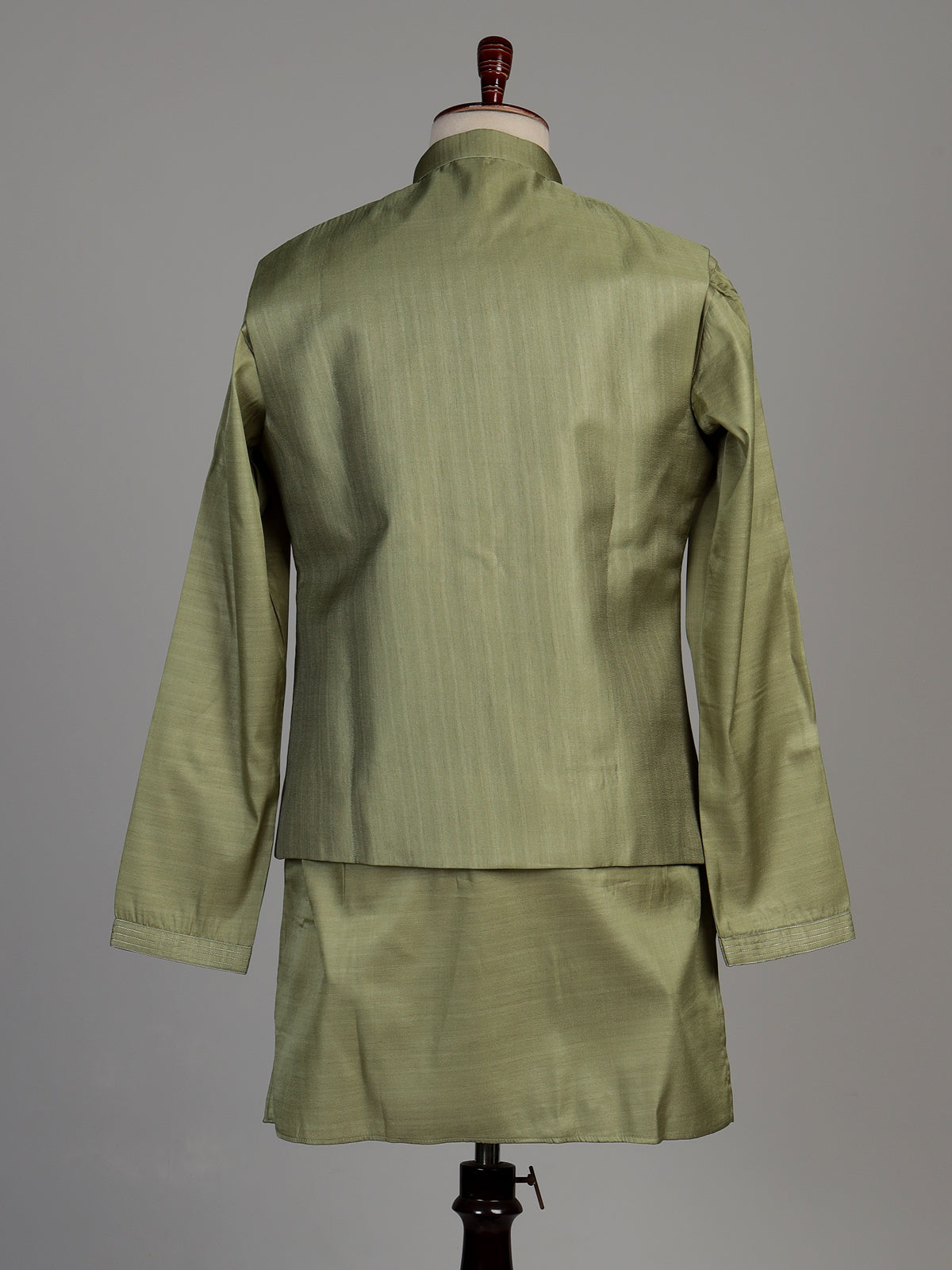 Mehendi green tussar silk waistcoat suit with asymmetric silver embroidery for mens