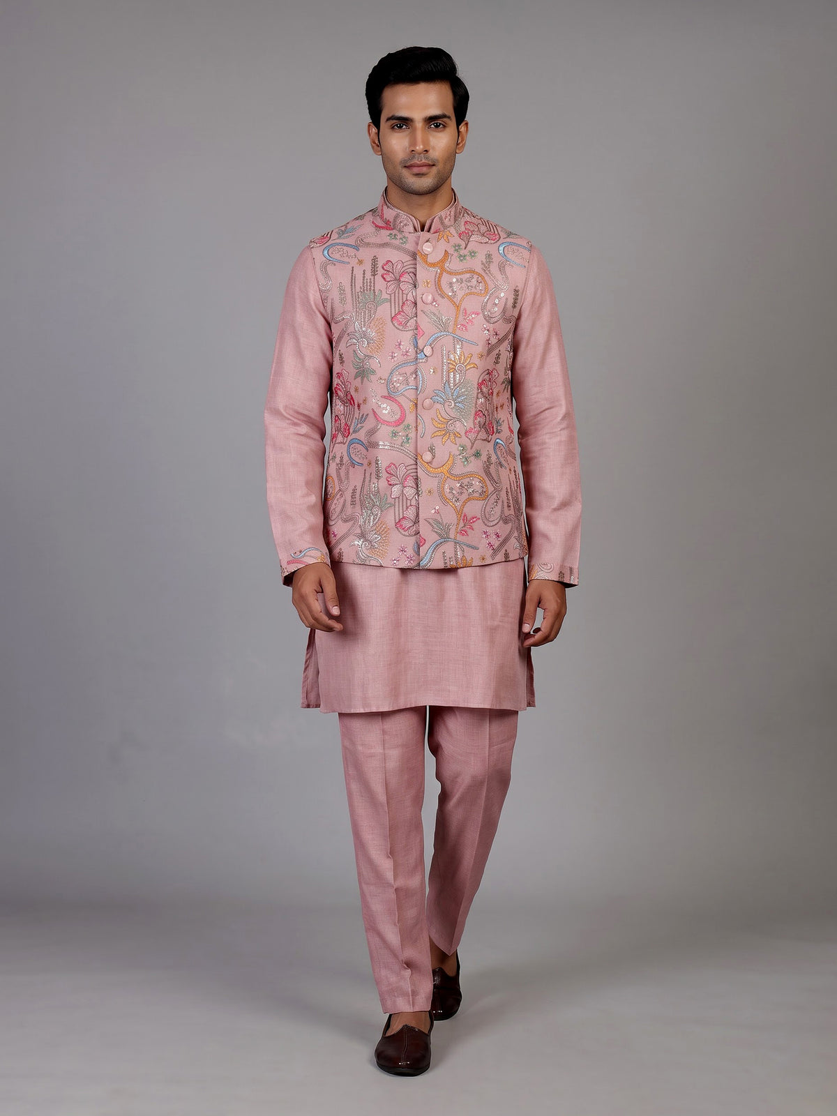Blush pink textured dupion silk waistcoat suit with intricate embroidery for mens