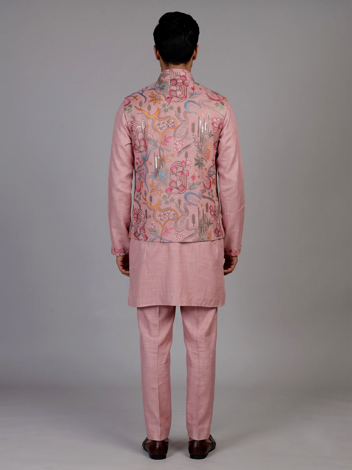 Blush pink textured dupion silk waistcoat suit with intricate embroidery for mens