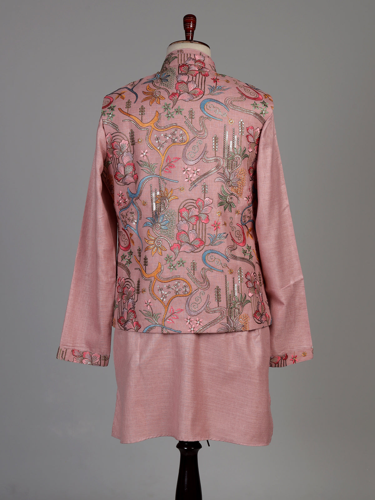 Blush pink textured dupion silk waistcoat suit with intricate embroidery for mens