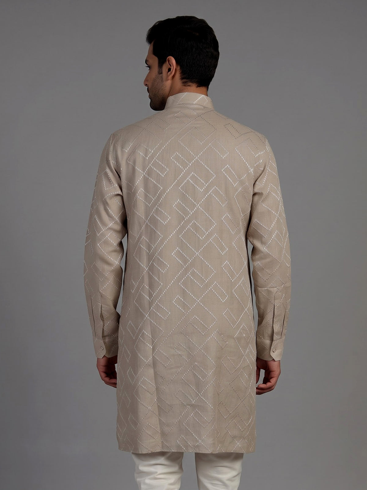 Beige cotton chinese collar kurta with elegant textured for mens