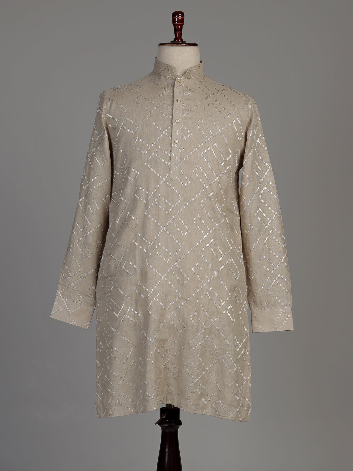Beige cotton chinese collar kurta with elegant textured for mens