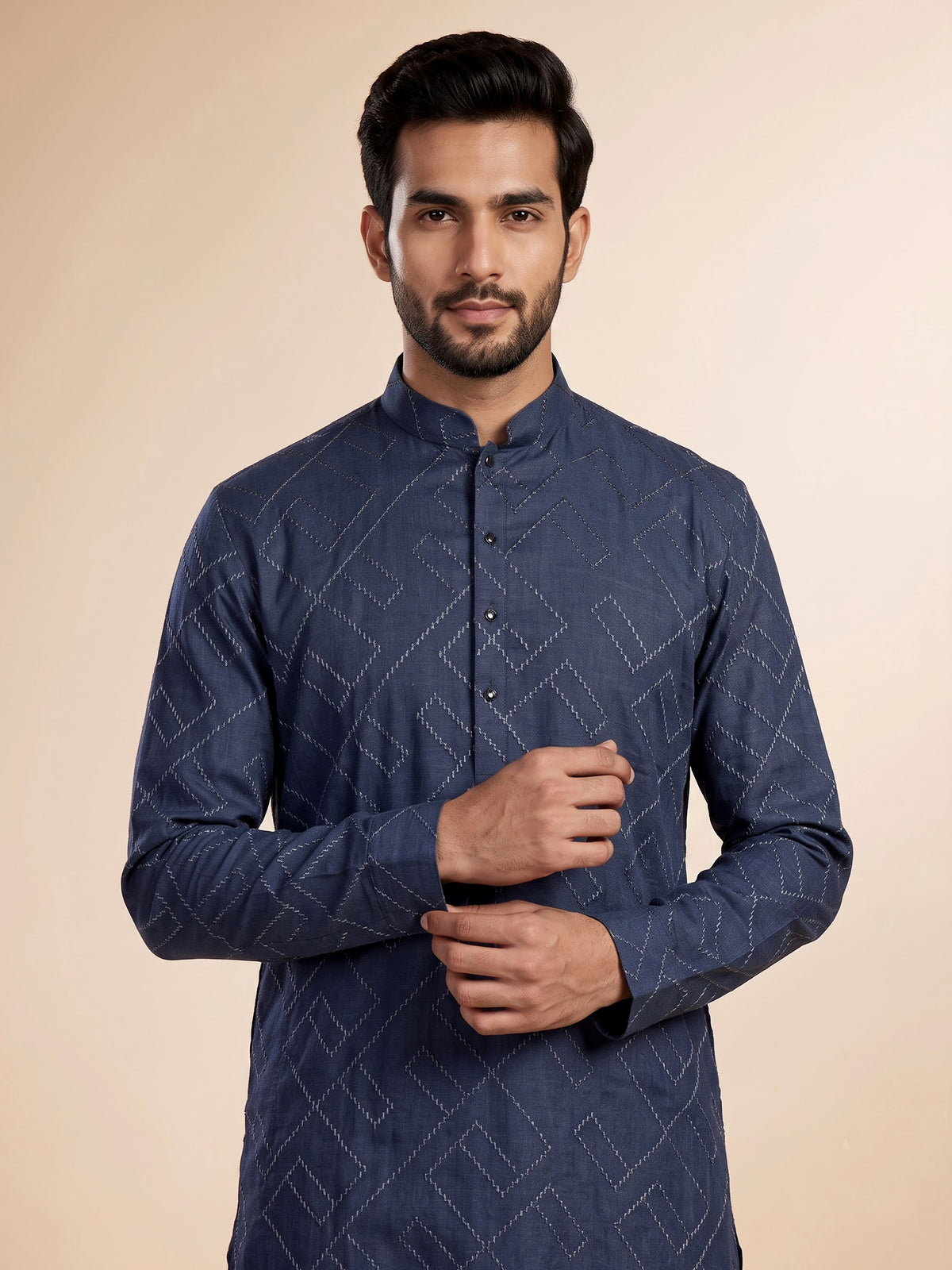 Classic blue cotton chinese collar kurta for mens