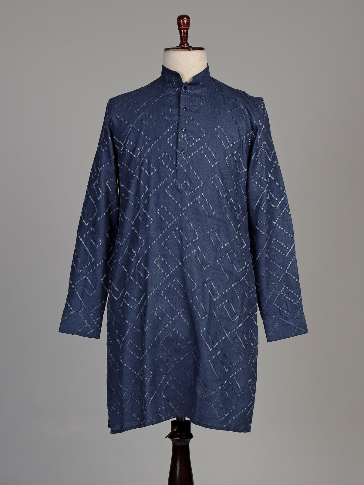 Classic blue cotton chinese collar kurta for mens