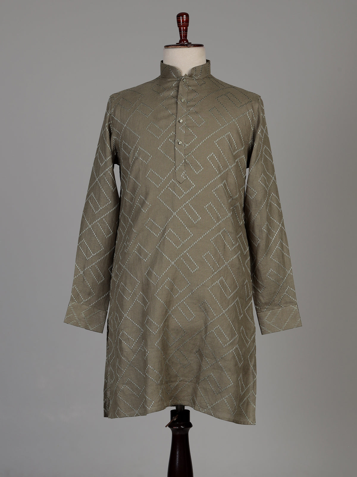 Sage green cotton chinese collar kurta for mens