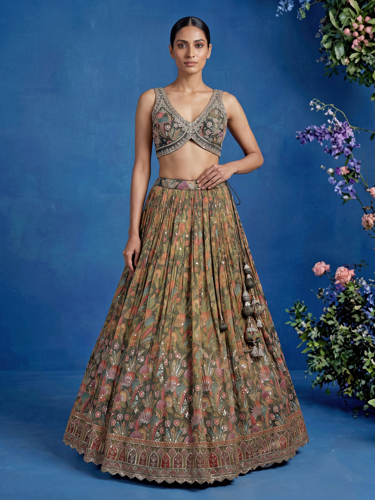 Mehendi green silk floral printed lehenga choli