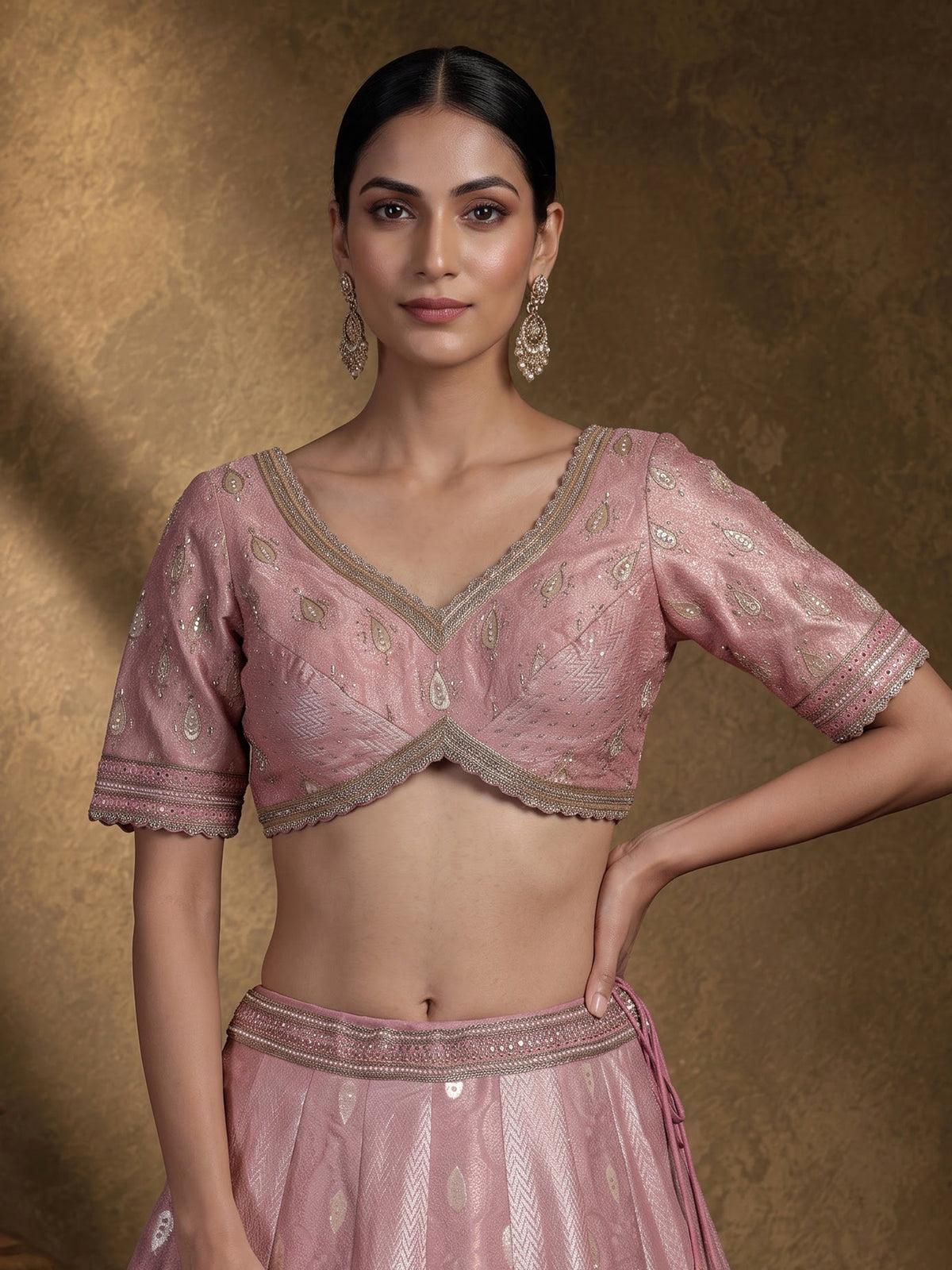 Pink banarasi silk lehenga choli with luxurious zari and pearl embellishments