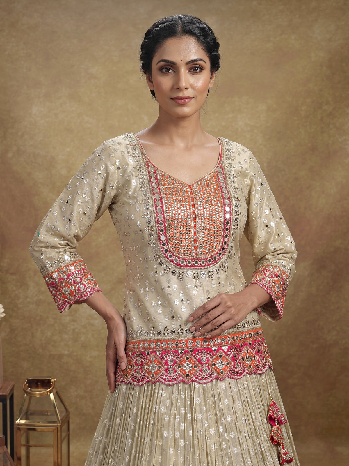 Cream silk lehenga choli with resham aabla and zari yoke