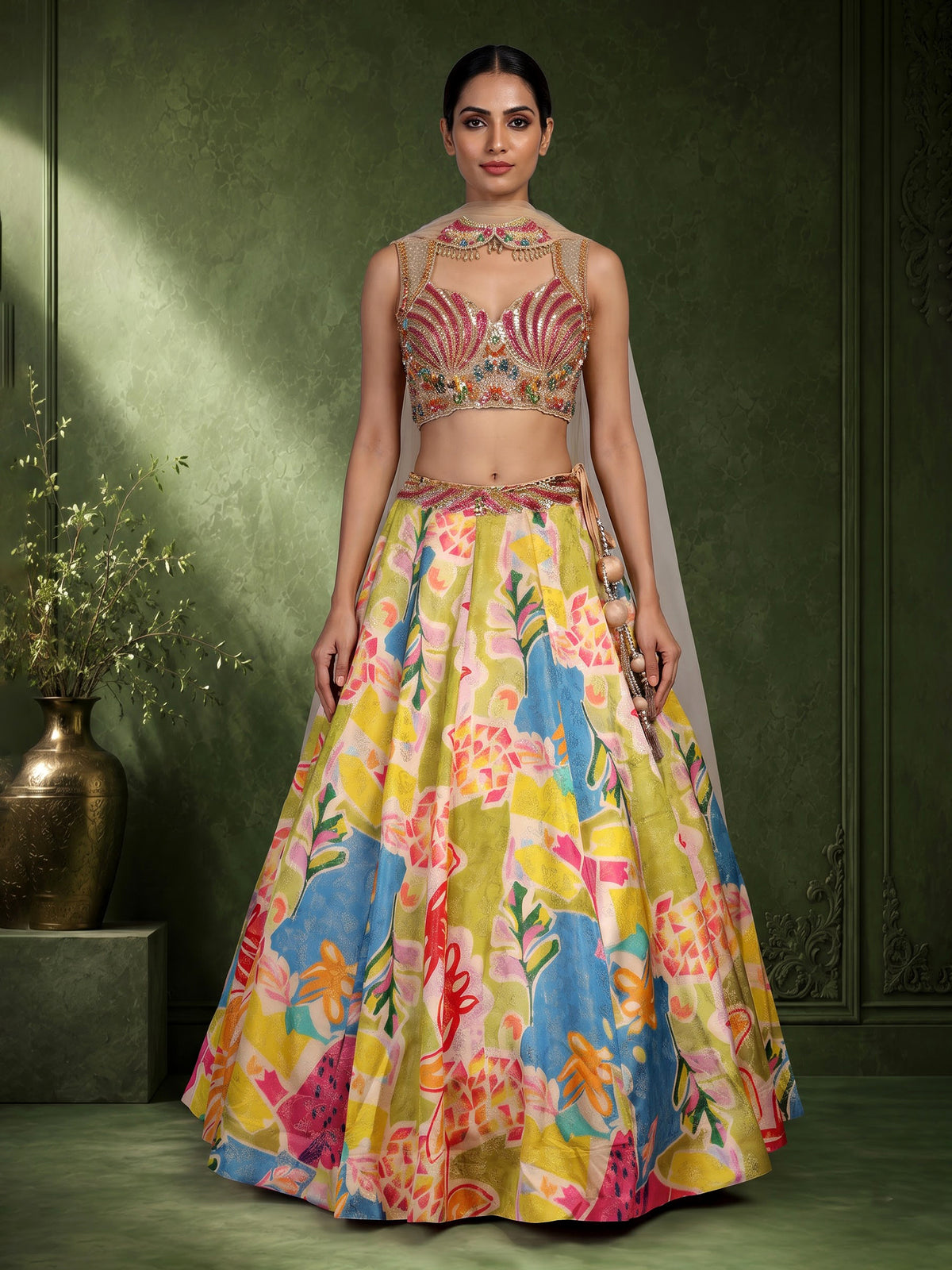 Multicolour silk floral lehenga choli with mirror and pearl detailing