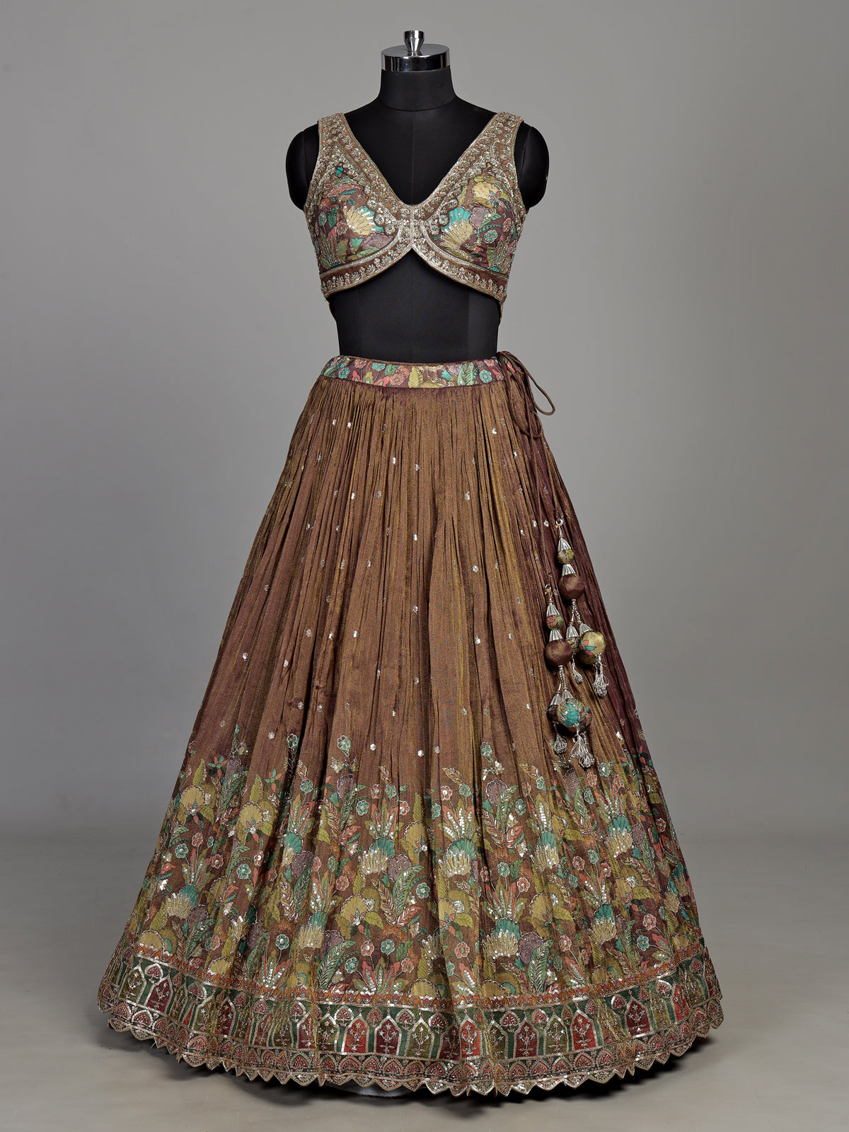 Pastel brown silk floral printed lehenga choli with mirror embellishments