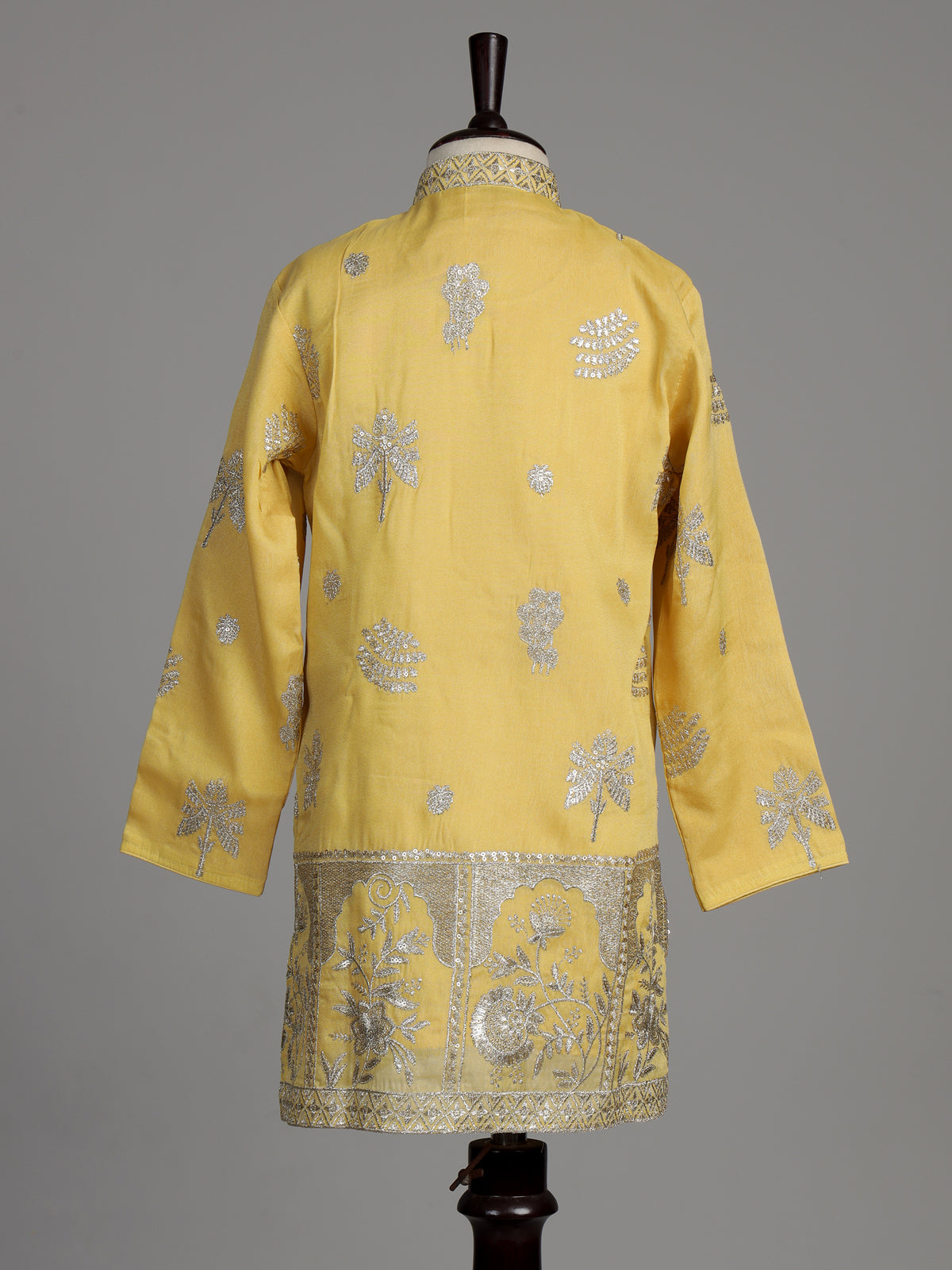 Bright mustard yellow dupion silk blend boys kurta suit with silver embroidery