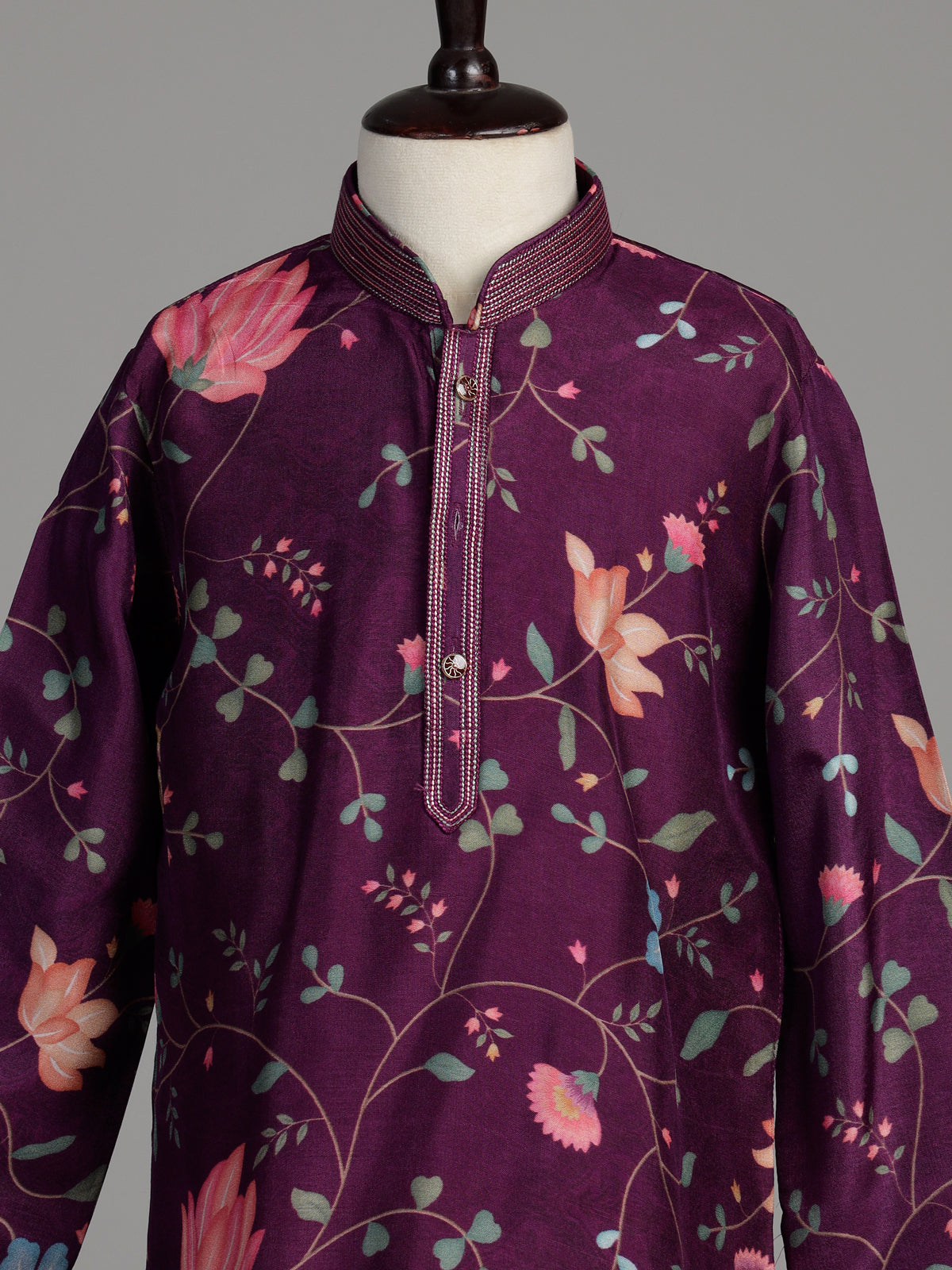 Royal violet silk blend boys kurta suit with floral vine print