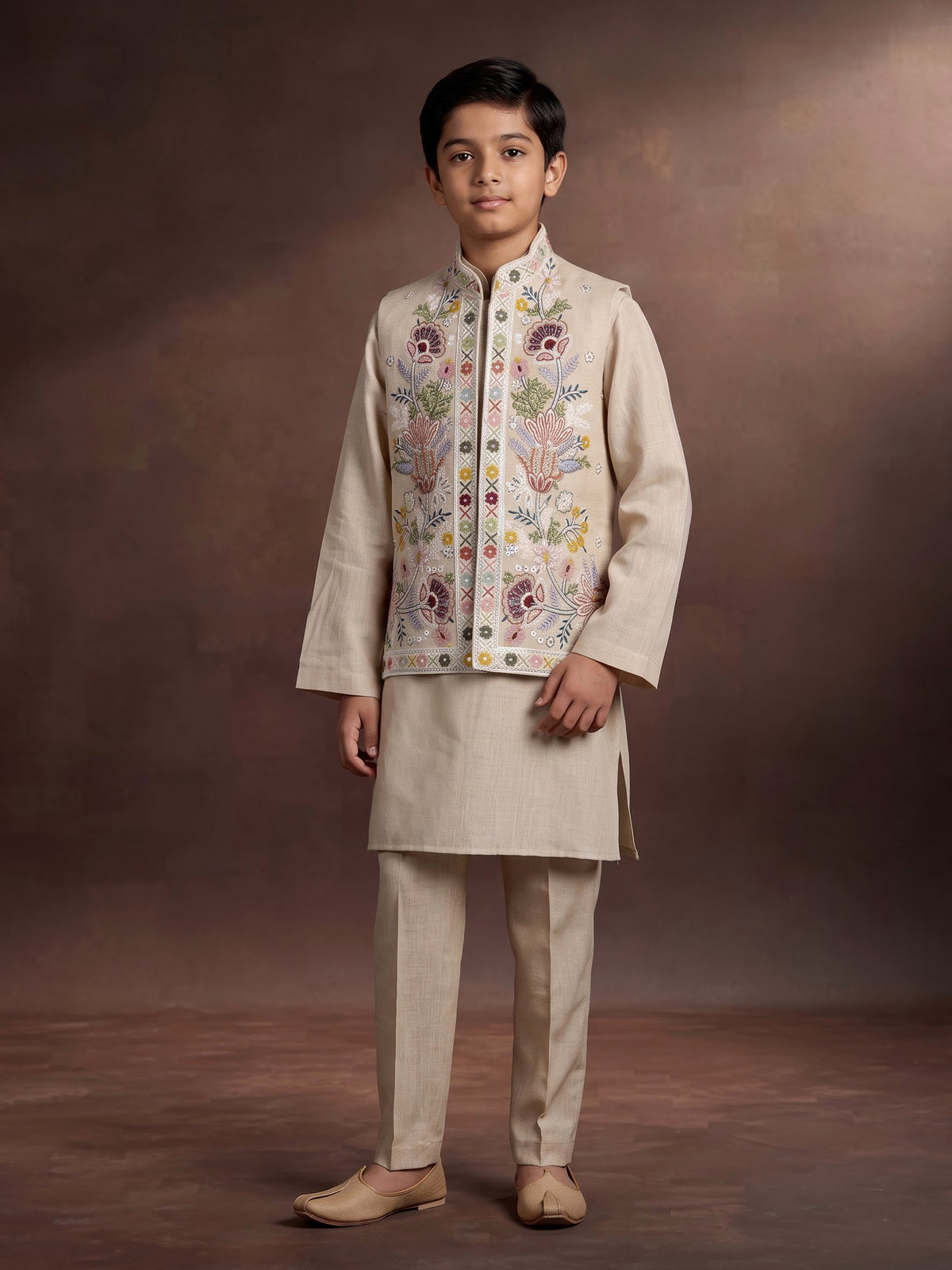 Natural beige silk blend boys waistcoat set with multicolour embroidery