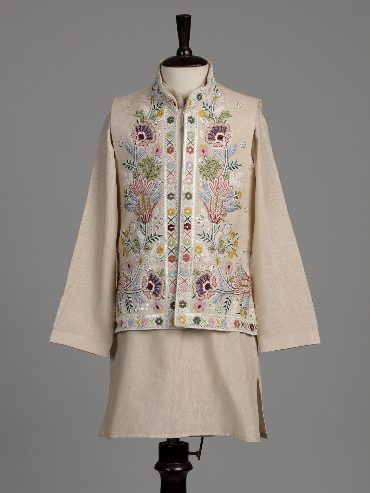 Natural beige silk blend boys waistcoat set with multicolour embroidery