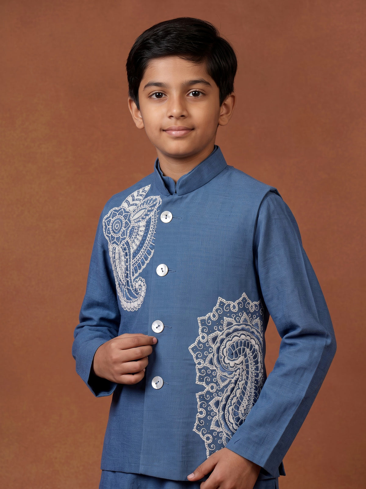 Cadet blue linen silk boys waistcoat set with ivory floral embroidery