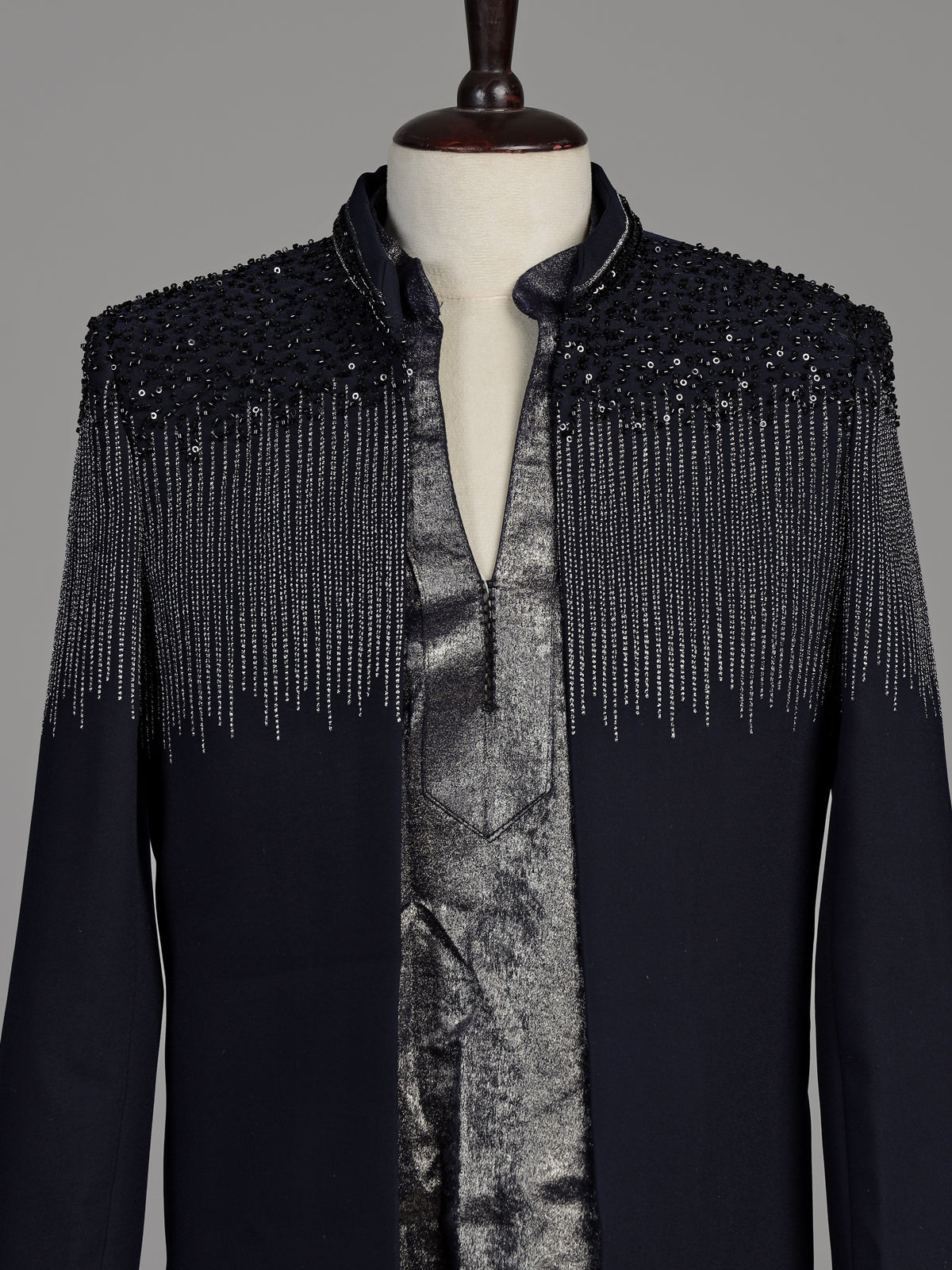 Dark navy blue terry rayon boys Indo-Western suit with black sequin detailing