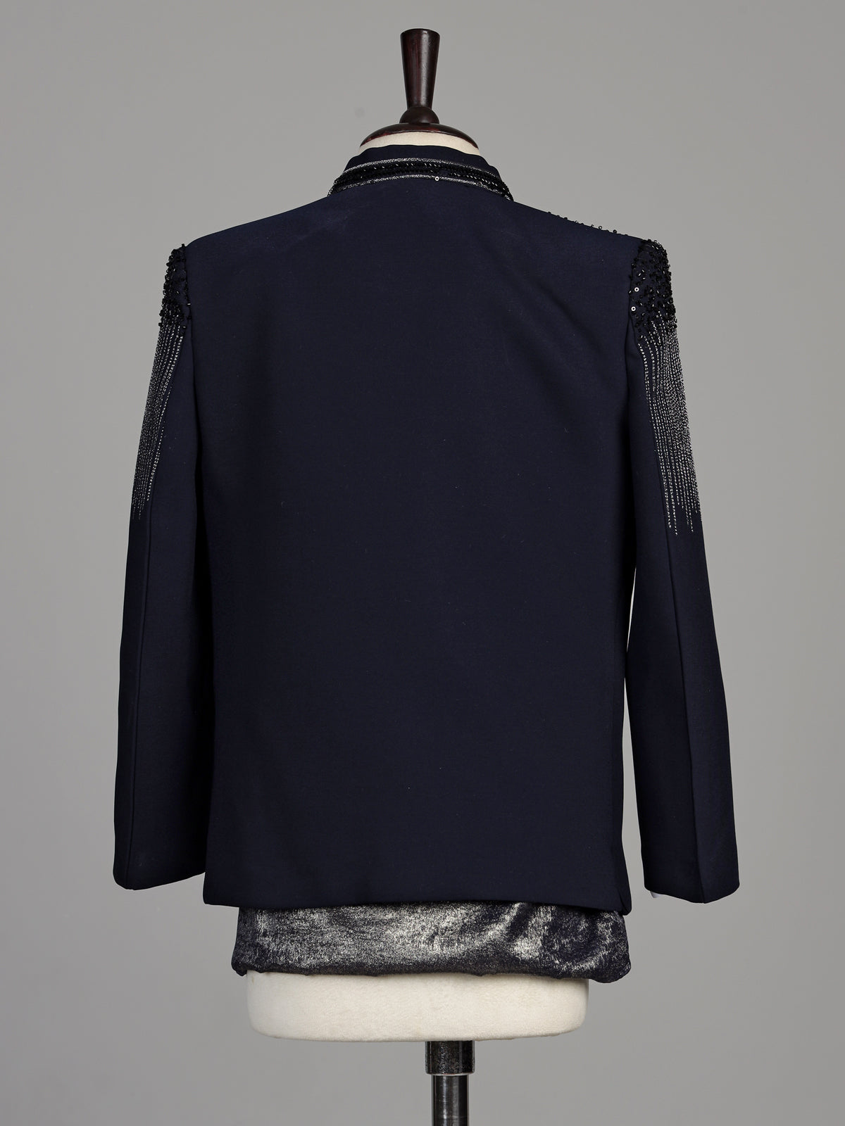 Dark navy blue terry rayon boys Indo-Western suit with black sequin detailing