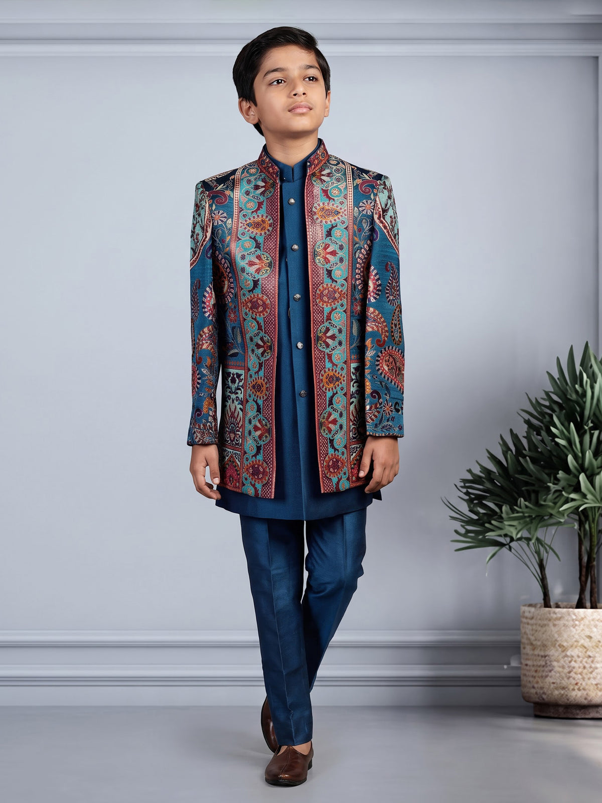 Blue brocade silk boys Indo-Western suit with persian medallion borders