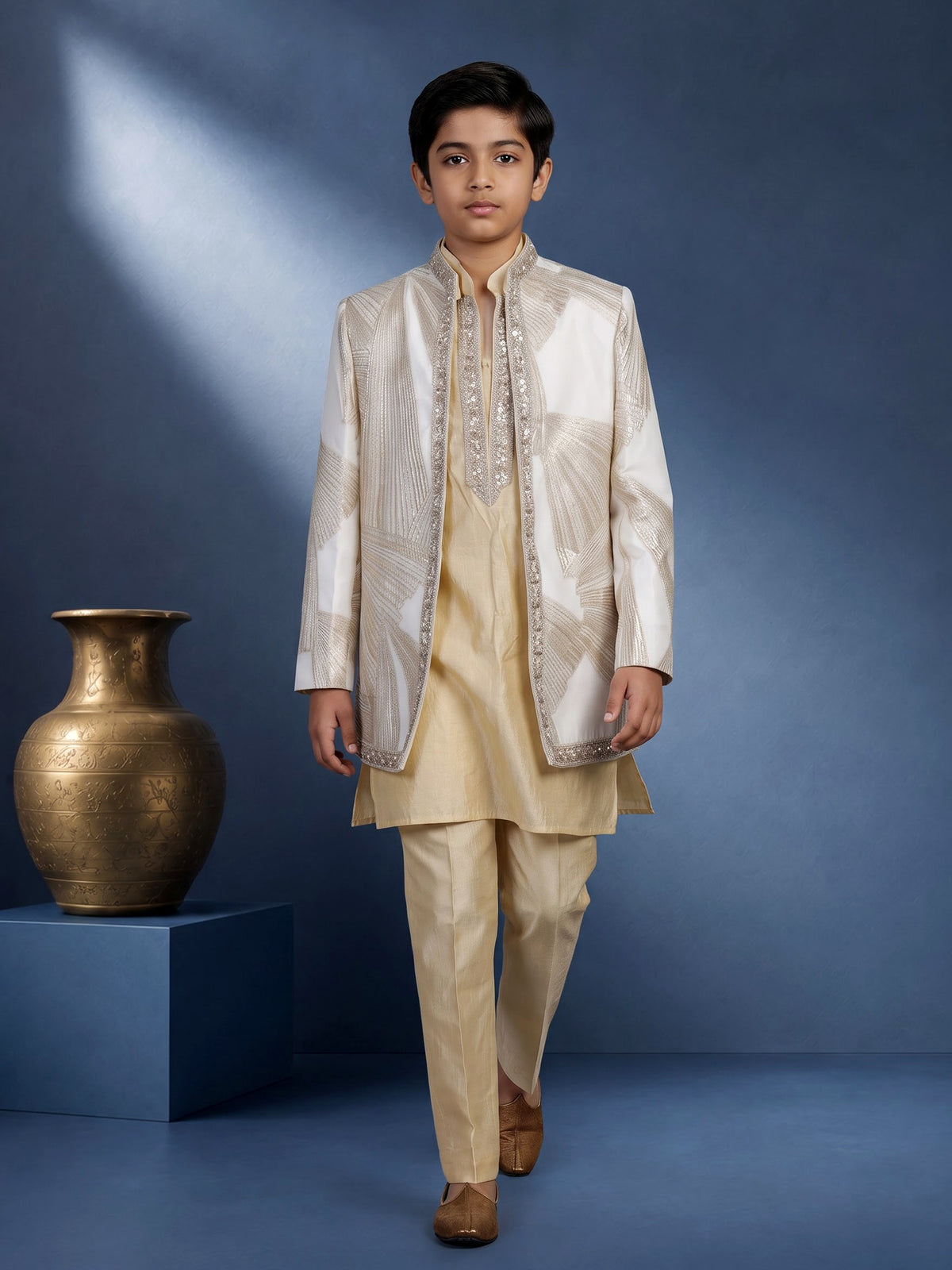 White and cream silk blend boys Indo-Western suit