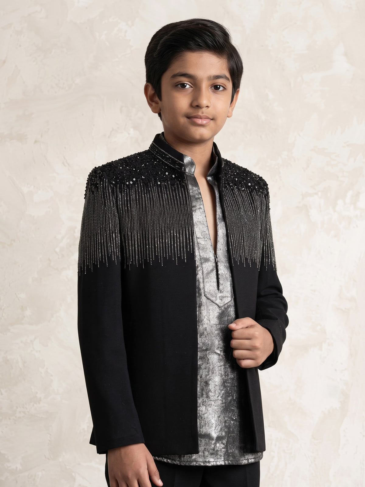 Black terry rayon boys Indo-Western suit with cascading cutdana embellishments