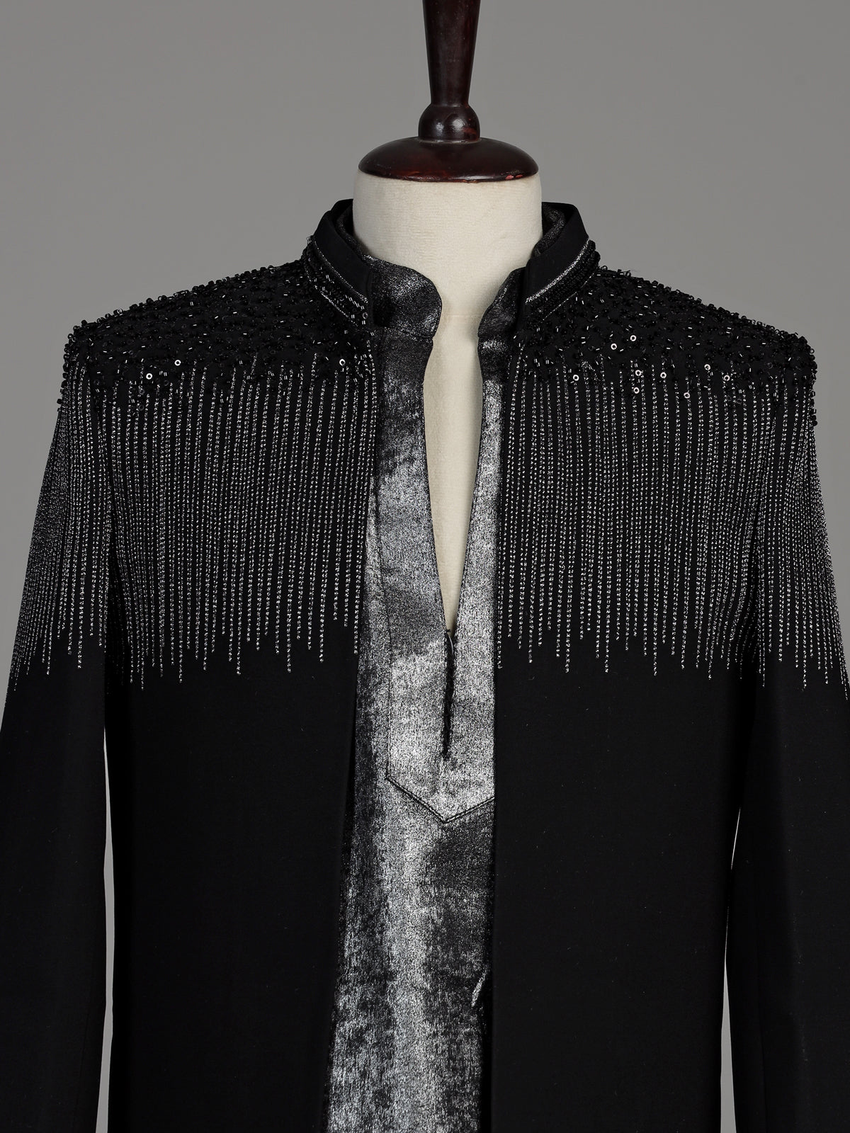 Black terry rayon boys Indo-Western suit with cascading cutdana embellishments