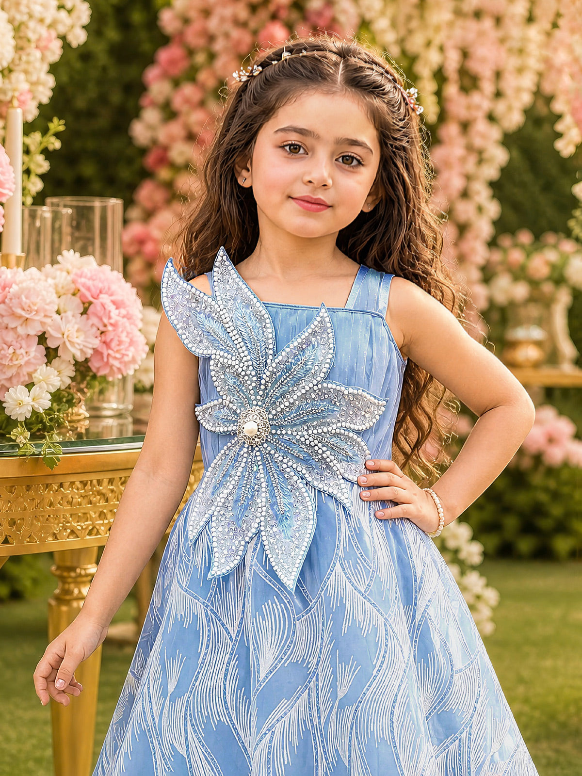 Sky blue sculptural floral girl gown