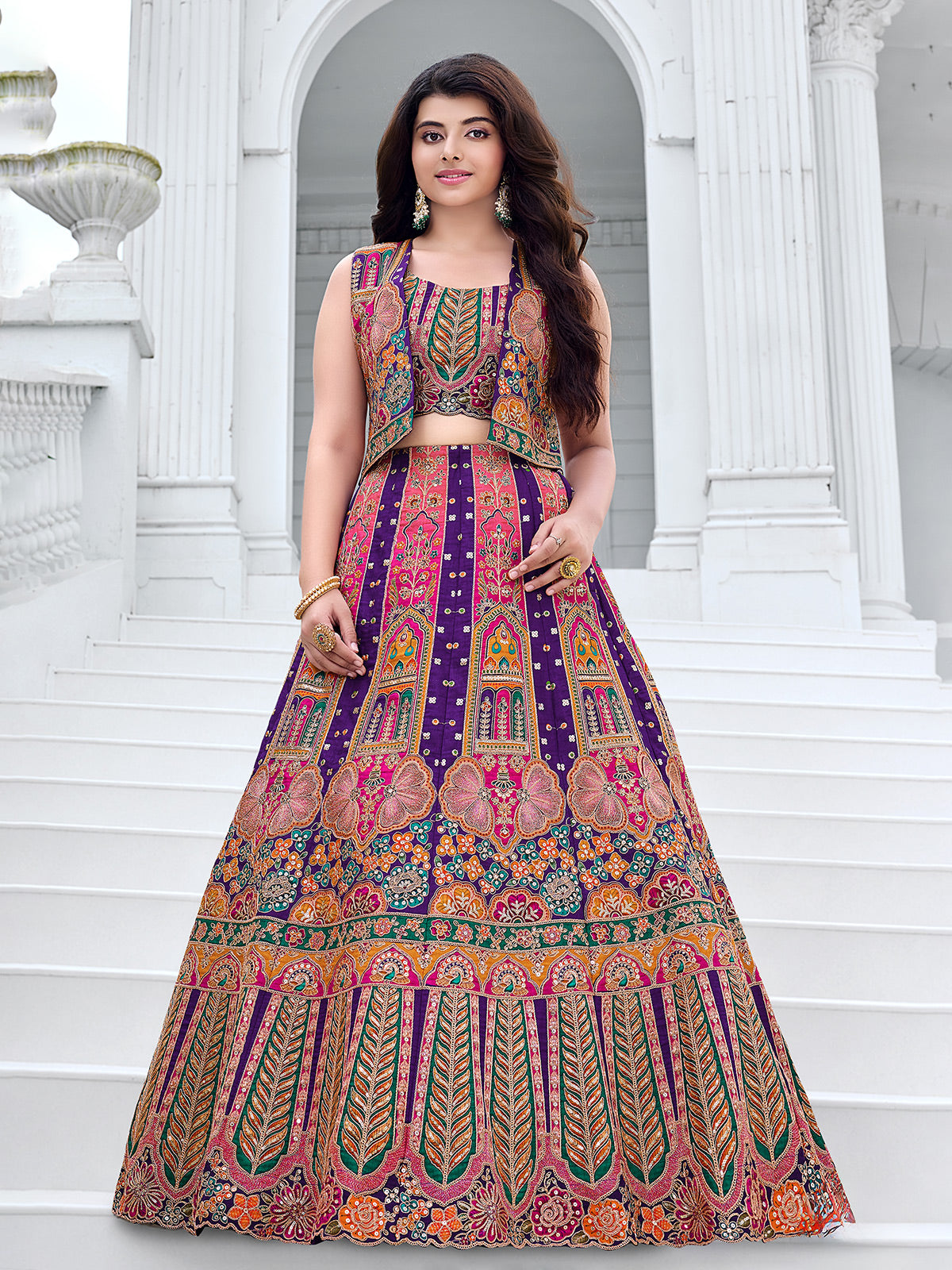 Purple geometric grandeur girl lehenga choli with jacket