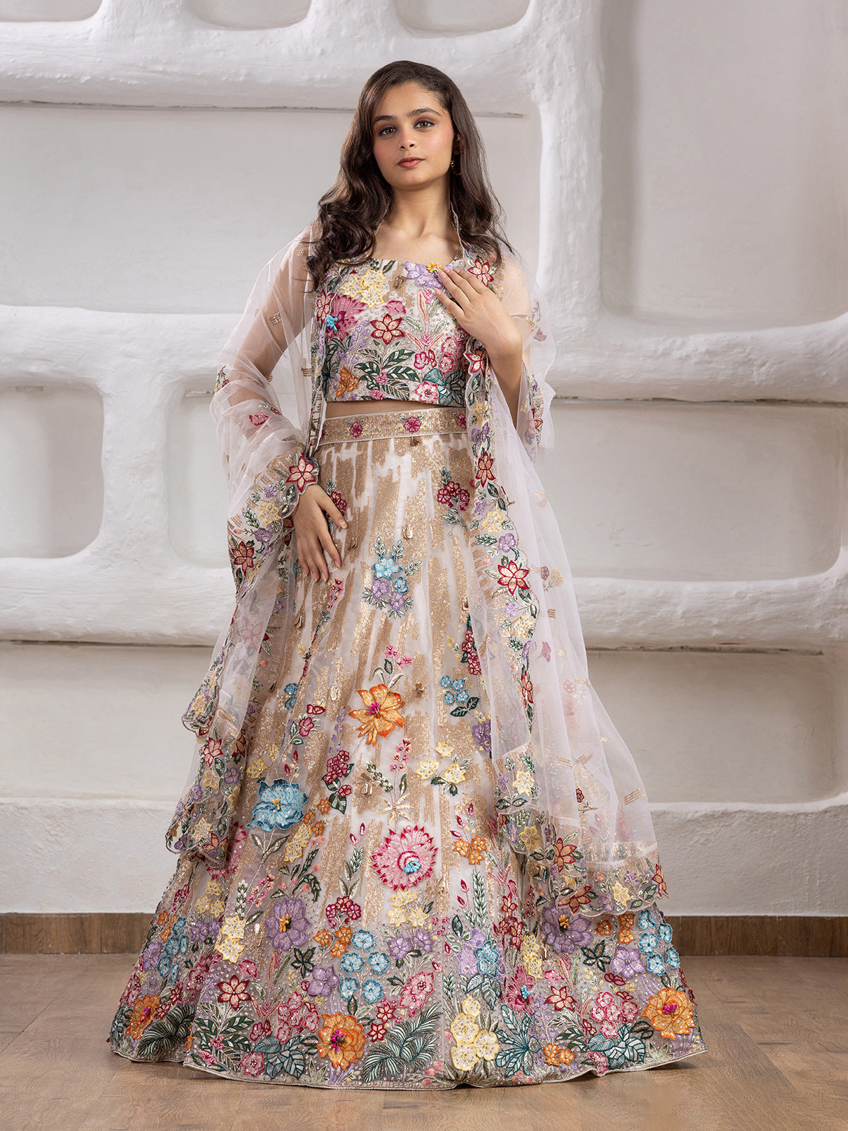 White botanical tapestry girl lehenga choli