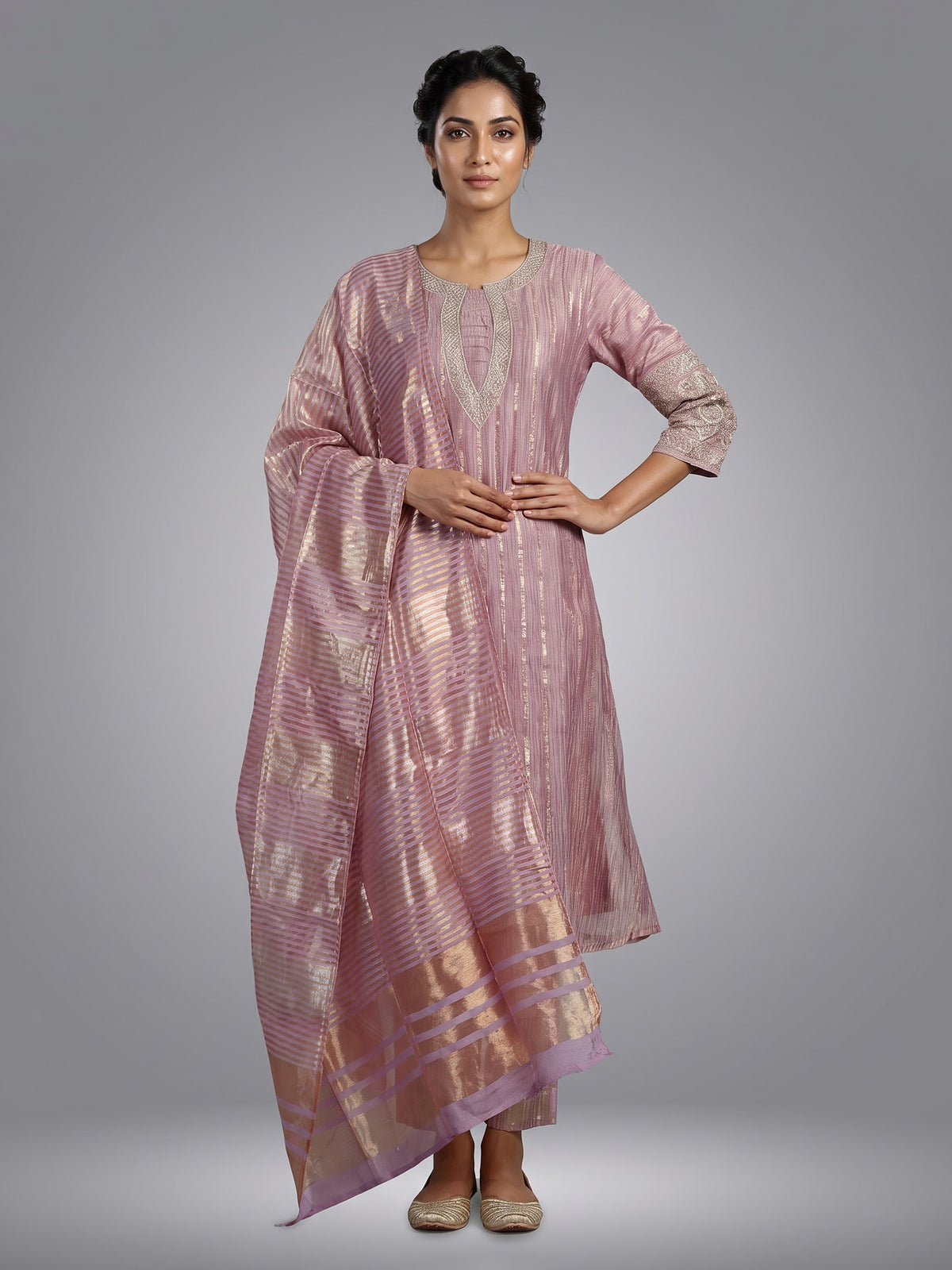 Pastel purple zari stripe women kurti set