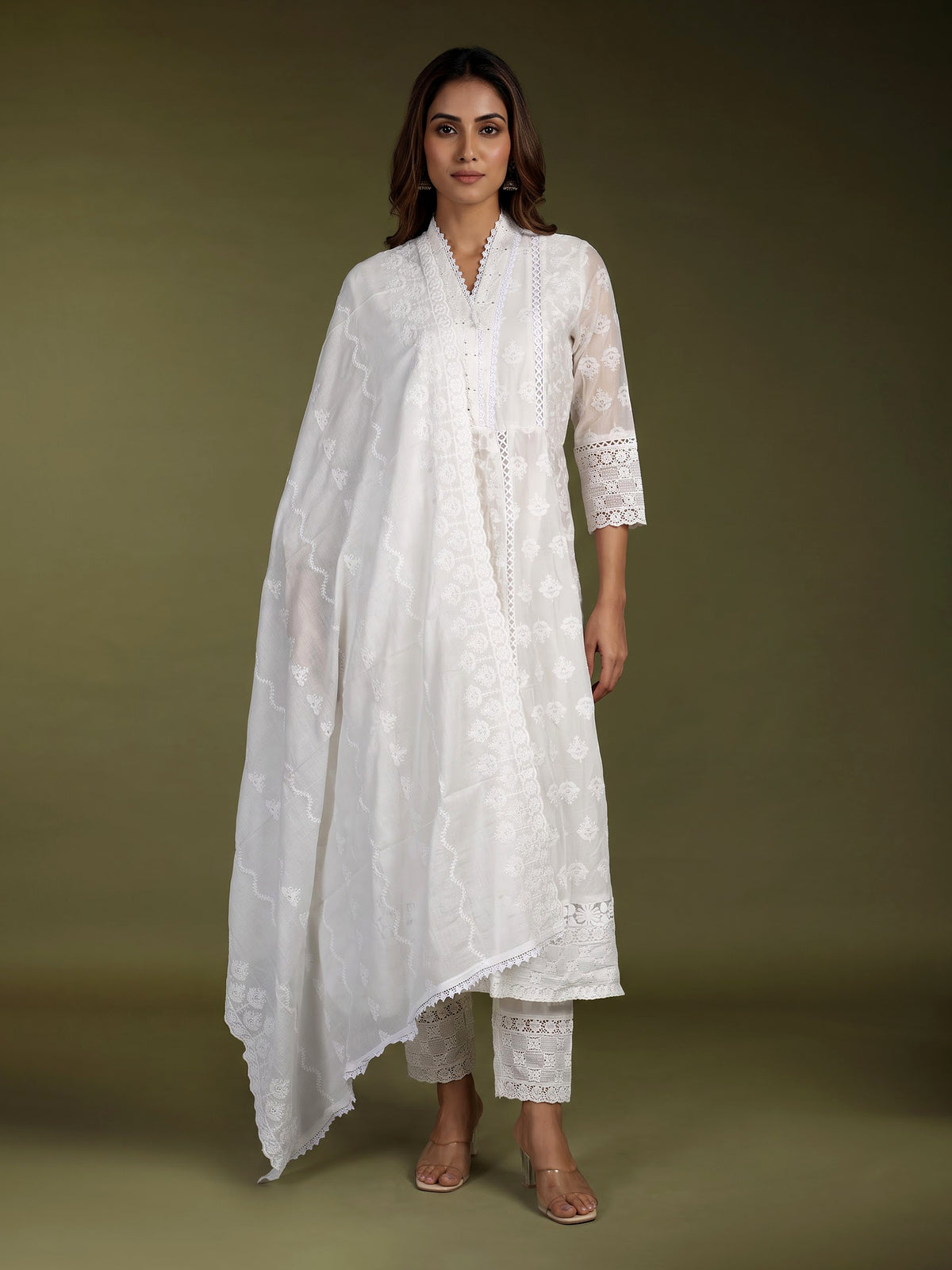 White chikankari anarkali women kurti set