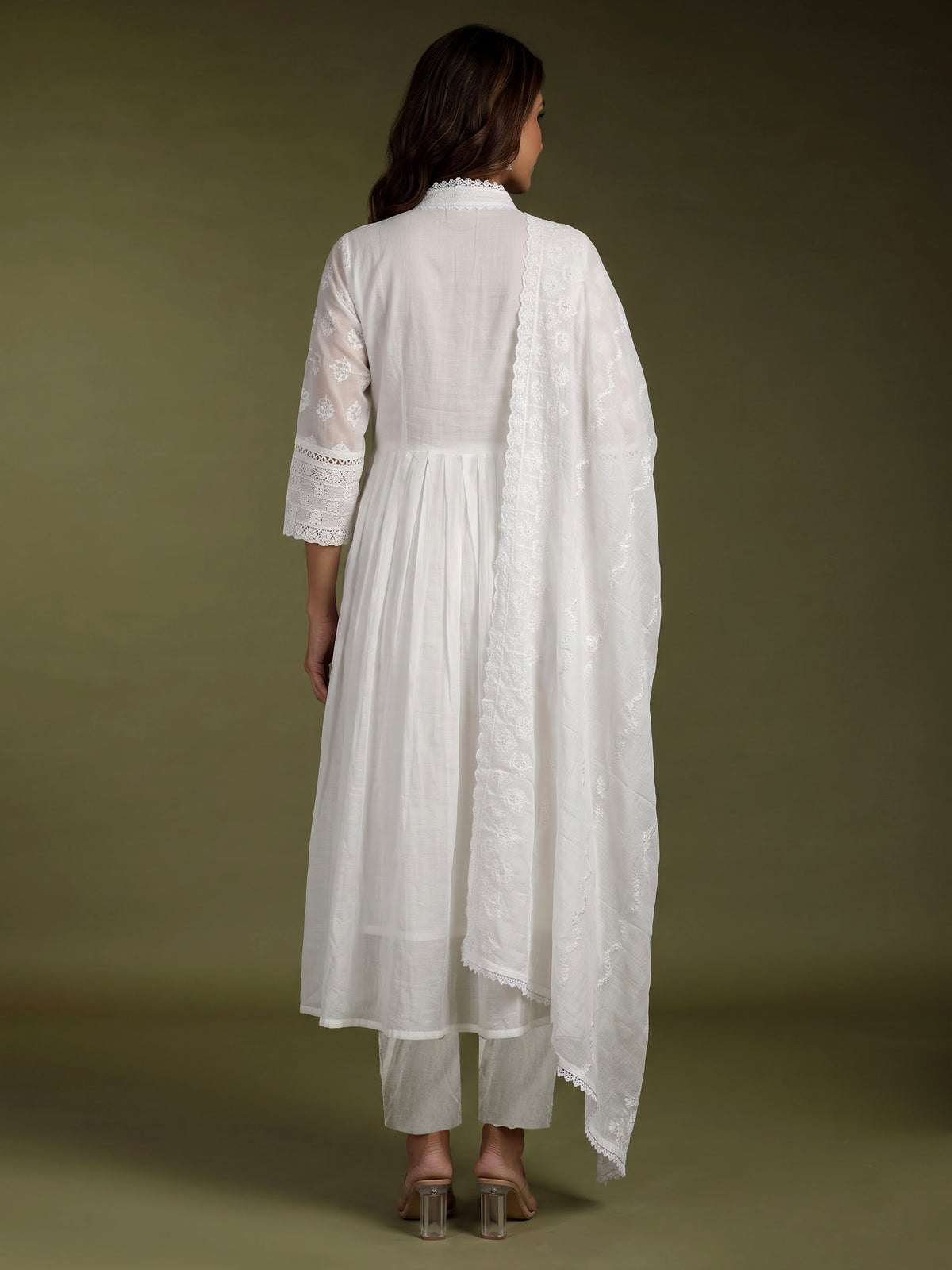 White chikankari anarkali women kurti set