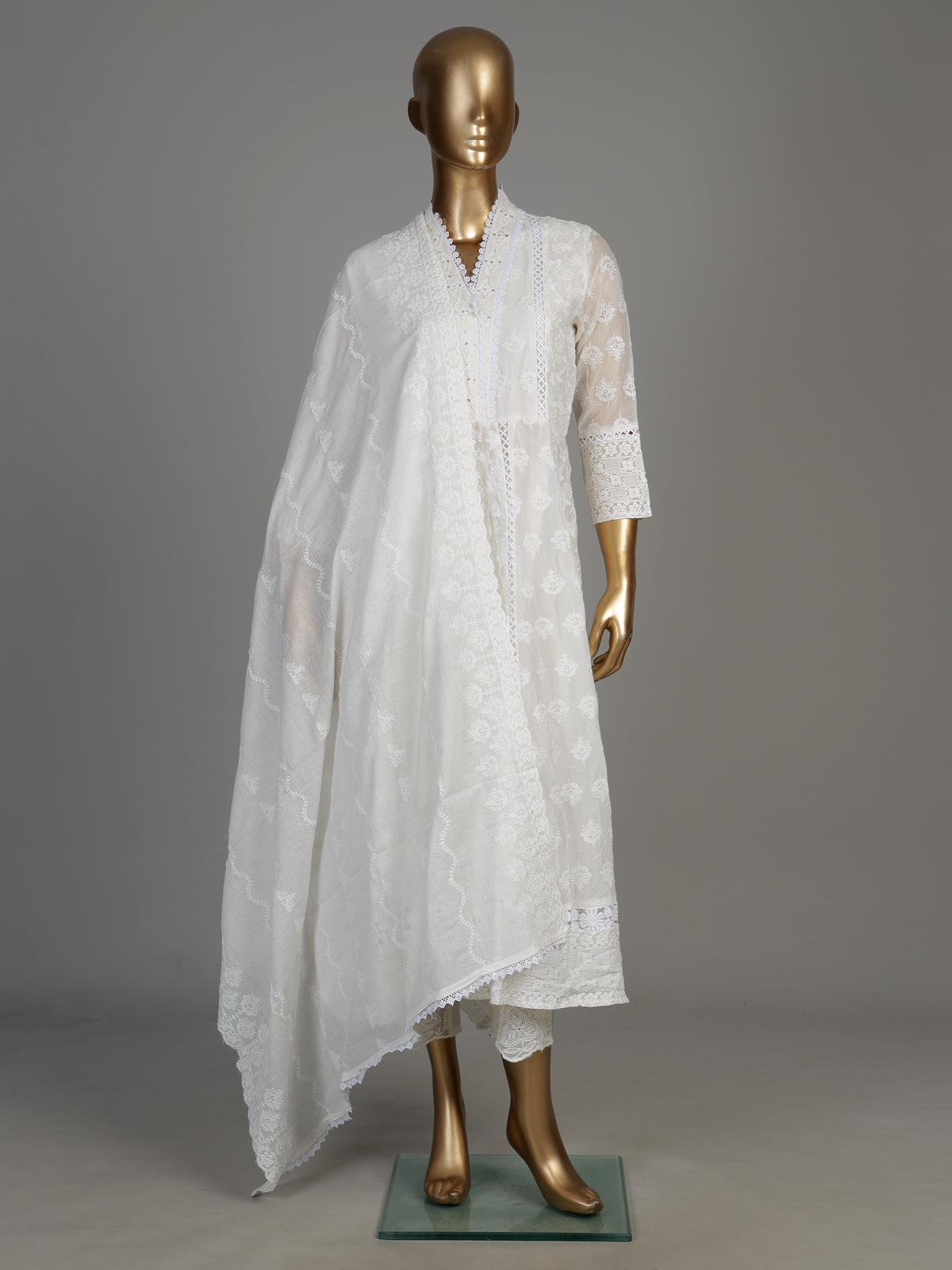 White chikankari anarkali women kurti set