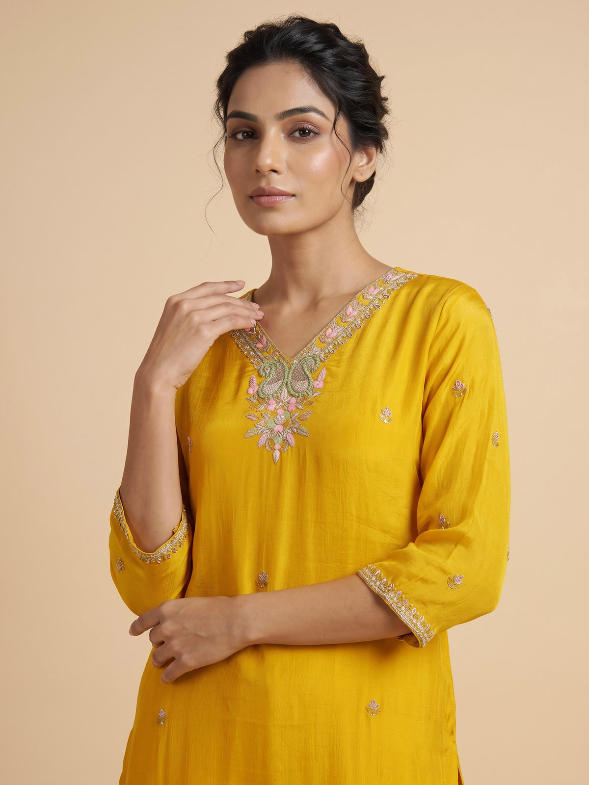 Yellow tissue silk embroidered women kurti set