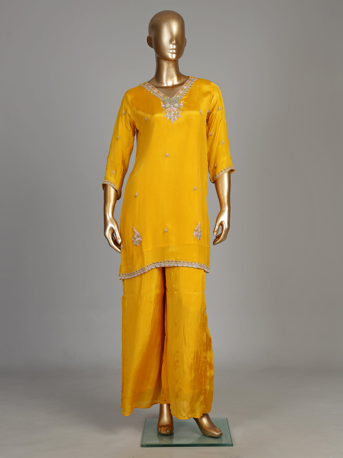 Yellow tissue silk embroidered women kurti set