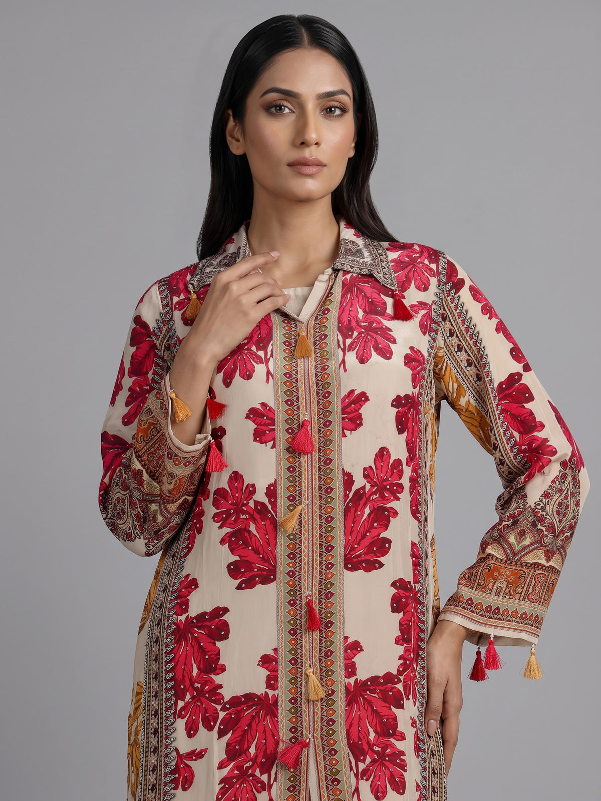 Red Mughal damask women kurti set