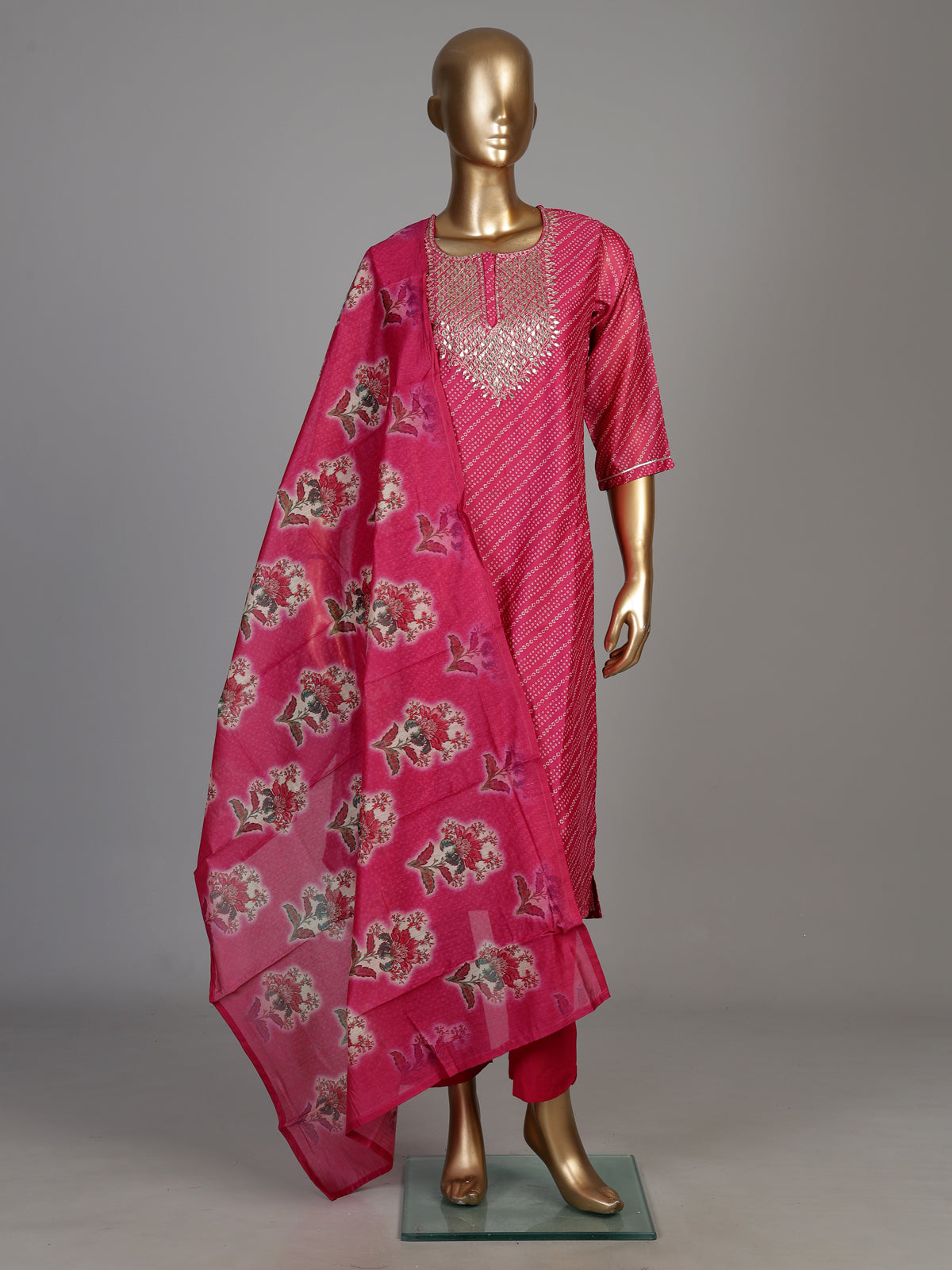 Pink Leheriya floral women kurti set