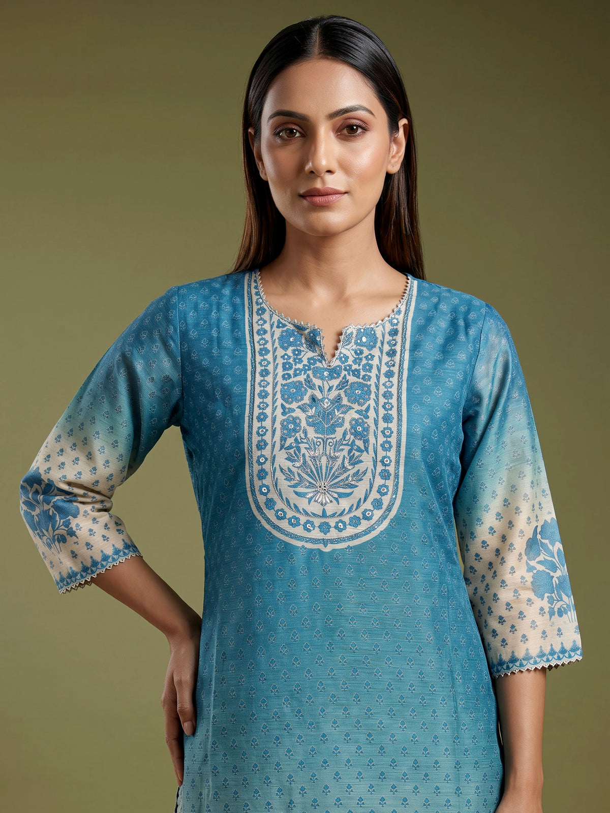 Rama blue Mughal medallion women kurti set