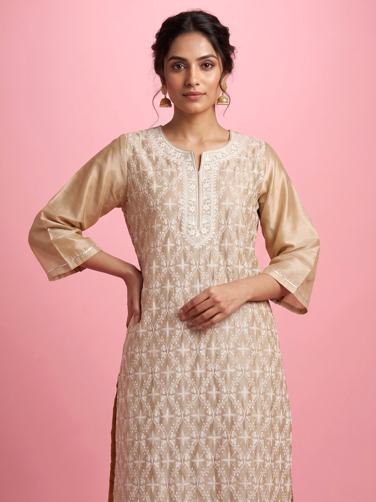 Beige floral lattice women kurti set