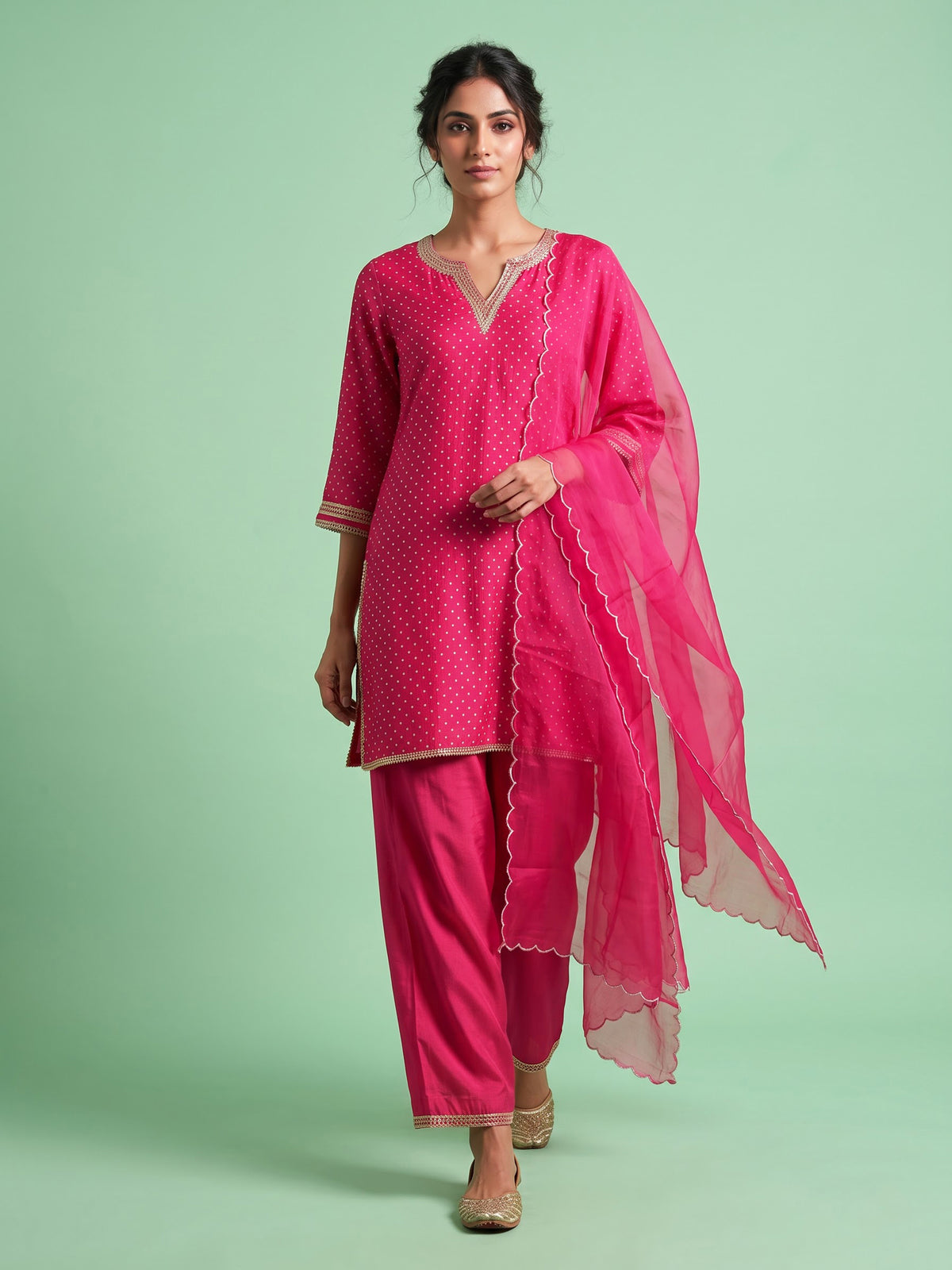 Rani pink Bandhani scallop women kurti set